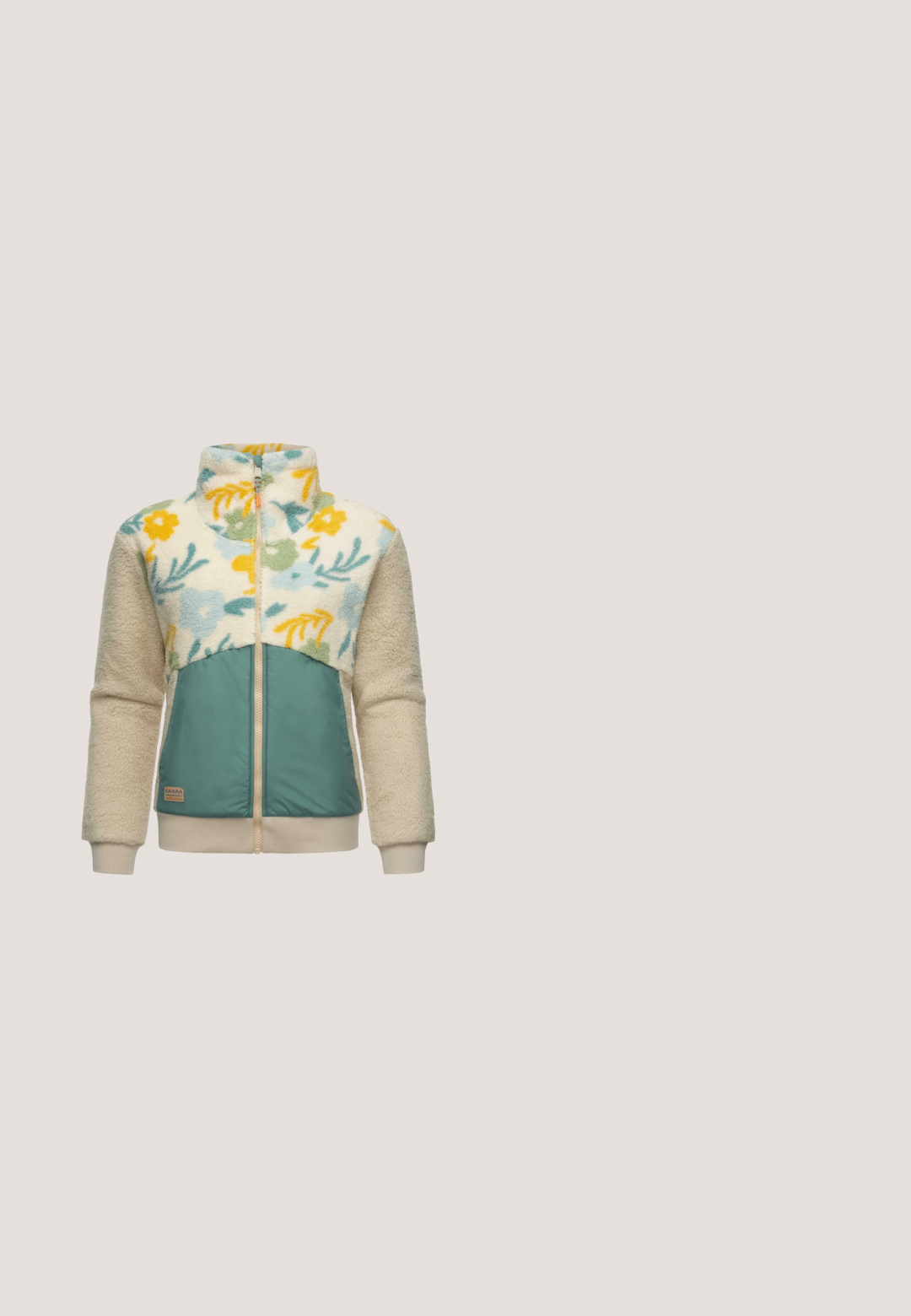 Fleece jack met bloemenpatroon in crème, geel, groen en blauw op de bovenhelft; effen teal onderpaneel; ritsluiting en geribde manchetten.; Gestreept T-shirt met korte mouwen in lichtgroen en wit. Kenmerkt een ronde halslijn en zachte, gestructureerde stof. Casual pasvorm met een ontspannen ontwerp.; Lichtgroene wijd uitgesneden broek met elastische tailleband en voorste trekkoord, voorzien van zijzakken en een losse pasvorm.; Groene en beige sneaker met een bovenwerk van suede en mesh, witte veters, oranje accenten en een lichtgroene rubberen zool. Merklogo aan de zijkant.; Groene nylon heupzak met een gladde textuur, voorzien van een centrale ritscompartiment en twee zij-ritsjes. Verstelbare schouderband.; Kralenketting met pastelgekleurde vierkante kralen, afgewisseld met gouden accenten. Sluiting met haakje en verstelbare lengte.