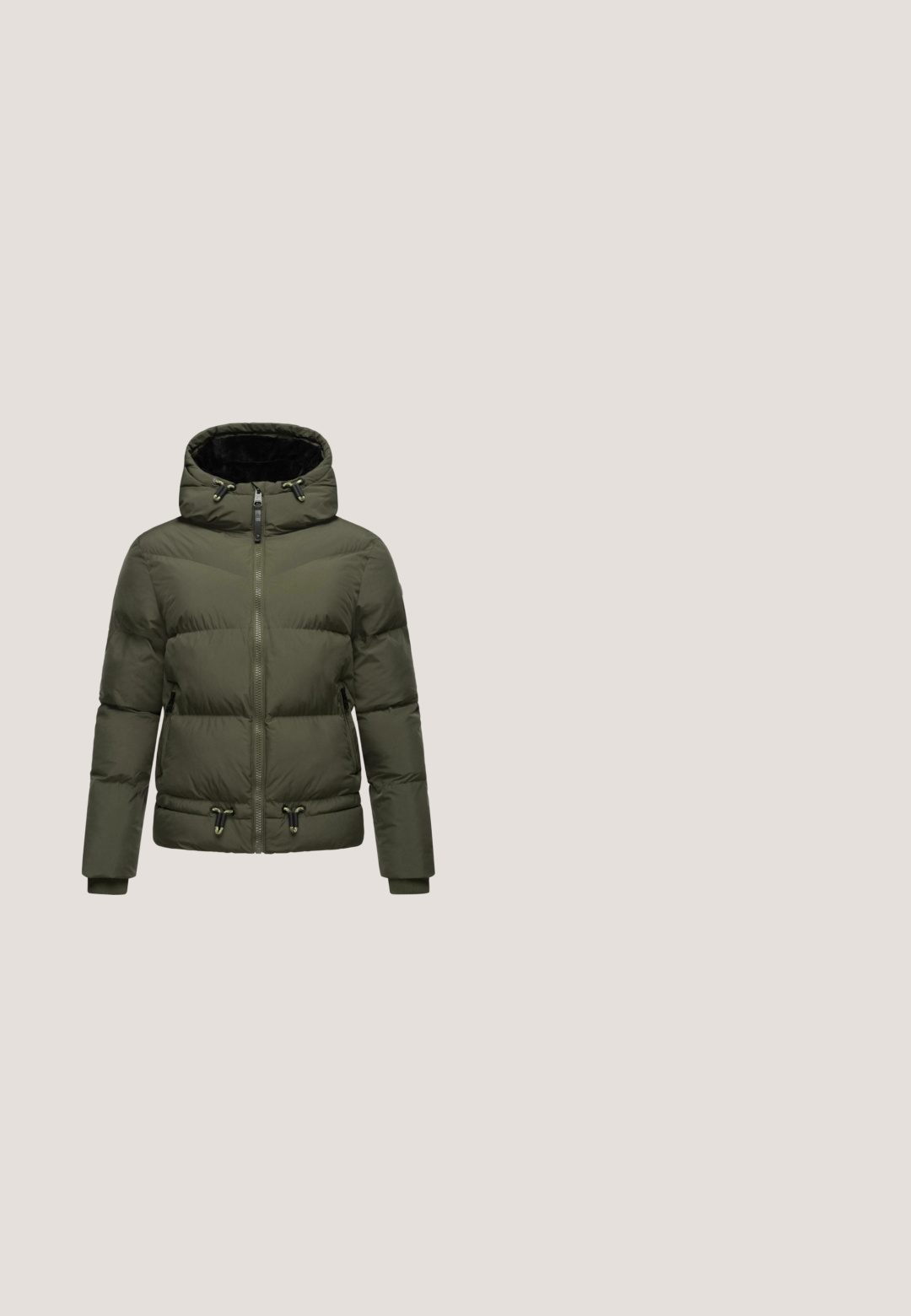 Chaqueta acolchada en verde oliva con capucha, que presenta un cierre delantero con cremallera, puños elásticos y cintura ajustable, fabricada en un material suave y texturizado.; Sudadera marrón extragrande con texto negro "OYFC" en el frente, cuello redondo acanalado y mangas largas. Hecha de un material suave y con textura.; Falda lápiz de punto en beige claro, con acanalado vertical, cintura ajustada y dobladillo acampanado con acabados sutiles en la parte inferior.; Botines de ante en taupe claro con cordones delanteros, detalle de hebilla y textura, descansando sobre una suela negra rugosa.; Bolso cruzado redondo de cuero topo con logo estampado. Presenta un cierre de cremallera y una correa ajustable. Acabado texturizado con acentos lisos.; DIAMANT L'ÉTERNEL DIAMOND - Pendientes - gold-coloured