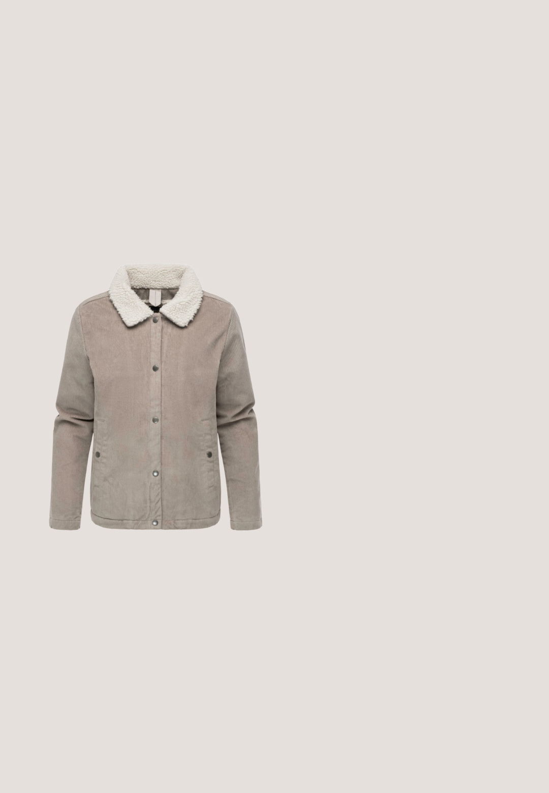 Veste en velours côtelé beige clair avec un col en fausse fourrure, fermeture à pression et poches latérales ; présente une texture rayée verticale.; Soft Rebels Pullover - biege; Chemise beige à manches longues avec des rayures horizontales blanches et un petit texte "LITTLE" près de l'ourlet sur un fond blanc uni.; Pantalon large taille haute vert olive avec fermeture par bouton et fermeture éclair, passants de ceinture et ourlets effilochés.; Bottines en cuir tan à lacets avec un bord en fourrure, semelle robuste, œillets en métal et détail en panneau latéral texturé.; Sac à épaule en cuir beige avec une texture lisse, doté d'une seule sangle et de finitions noires, de forme rectangulaire et avec des détails matériels subtils.