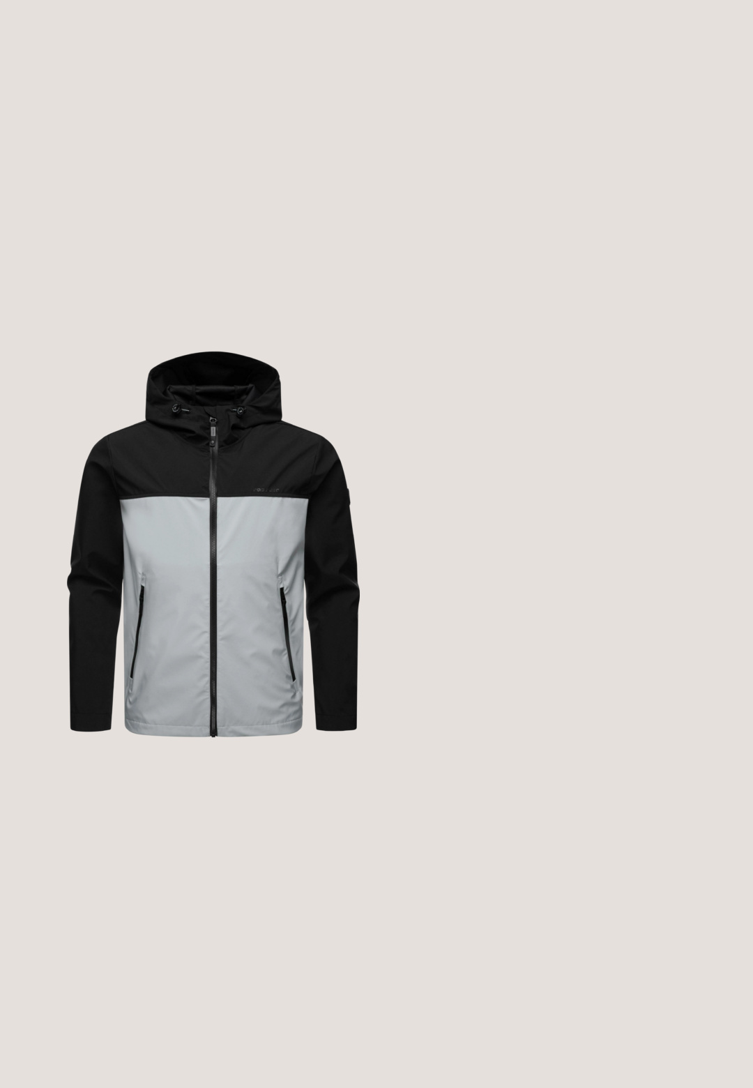 Hooded jacket met een ritssluiting aan de voorkant, met een kleurblokontwerp in zwart en lichtgrijs, gemaakt van glad, waterafstotend materiaal.; Grijze t-shirt met korte mouwen van katoen, voorzien van een witte grafische print van bergen, een boom en stralen in een cirkelvormig patroon.; Zwarte cargoshorts met een veelvoud aan zakken, een soepele textuur, rits- en drukknoopsluiting, en een contrasterend kleurpaneel aan de zoom.; Zwarte mid-top wandelschoenen van suede en nylon, met ronde veters, versterkte oogjes en een getextureerde rubberen zool met een patroon.; Quiksilver FERRIS NEO  - Zonnebril - kzm0; Compacte zwarte crossbody tas met een voorste ritszak, verstelbare schouderriem en een Strellson merklabel op het voorpaneel.