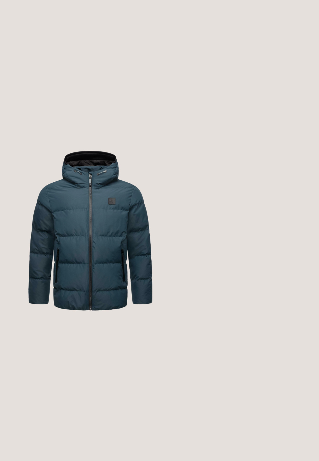 Mørkeblå polstret jakke med hætte, der har en frontlynlås, to sidelommer og et tekstureret stof til isolering. Sort indvendig foring.; Strikket navy zip-up sweater med høj krave, der har ribbet tekstur og sidelommer. Afsluttet med en metal lynlås og logo-tag.; Langærmet mørkegrå T-shirt lavet af blødt stof, med rund halsudskæring og kontrasterende kant langs kraven og ærmerne.; Mørkeblå denim jeans med en falmet effekt, der har fem lommer, lynlås i foran og lige ben. Klassiske syninger.; Lavtopet sneaker med gråt stofovermateriale, mørkegrå accenter, beige for, hvid gummisål og snørelukning på hvid baggrund.; Grå gennemsigtige firkantede solbriller med lilla tonede linser, vinklet for at vise både front- og sidevisning på en hvid baggrund.