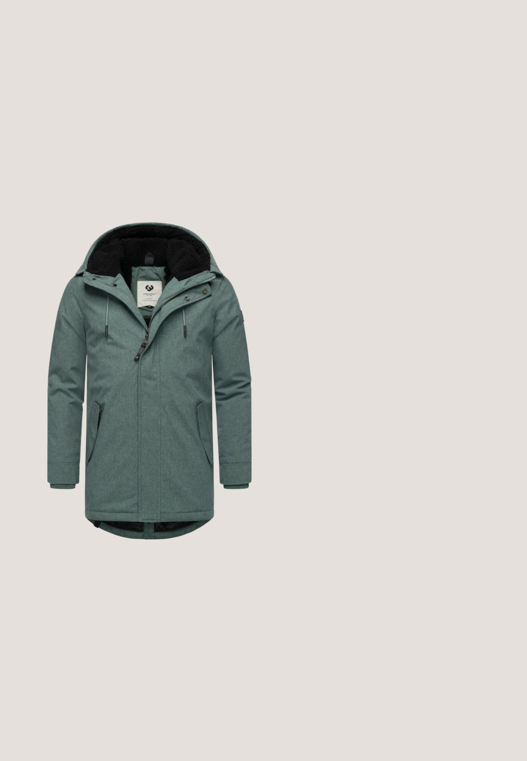 Veste longue teal avec une capuche en polaire noire douce, fermeture éclair à l'avant et deux poches latérales. Elle présente un tissu texturé et des cordons de serrage ajustables.; Sweat à capuche zippé en maille gris foncé avec motif torsadé et poignets et ourlet côtelés, présenté sur fond blanc.; T-shirt à col rond gris foncé en tissu doux, doté de manches courtes et de coutures visibles le long de l'ourlet et des manches.; Jogging en gris charbon avec une coupe slim, taille élastique à cordon, deux poches latérales et un tissu texturé. Présente un logo discret sur la cuisse.; Baskets basses combinant des matériaux noirs, gris et beiges avec des lacets, un col rembourré et une semelle en caoutchouc blanche avec des motifs de traction.; Sac messager vert olive avec une finition en tissu lisse, doté d'une poche zippée à l'avant, d'une sangle réglable et d'un accent logo dans le coin inférieur.