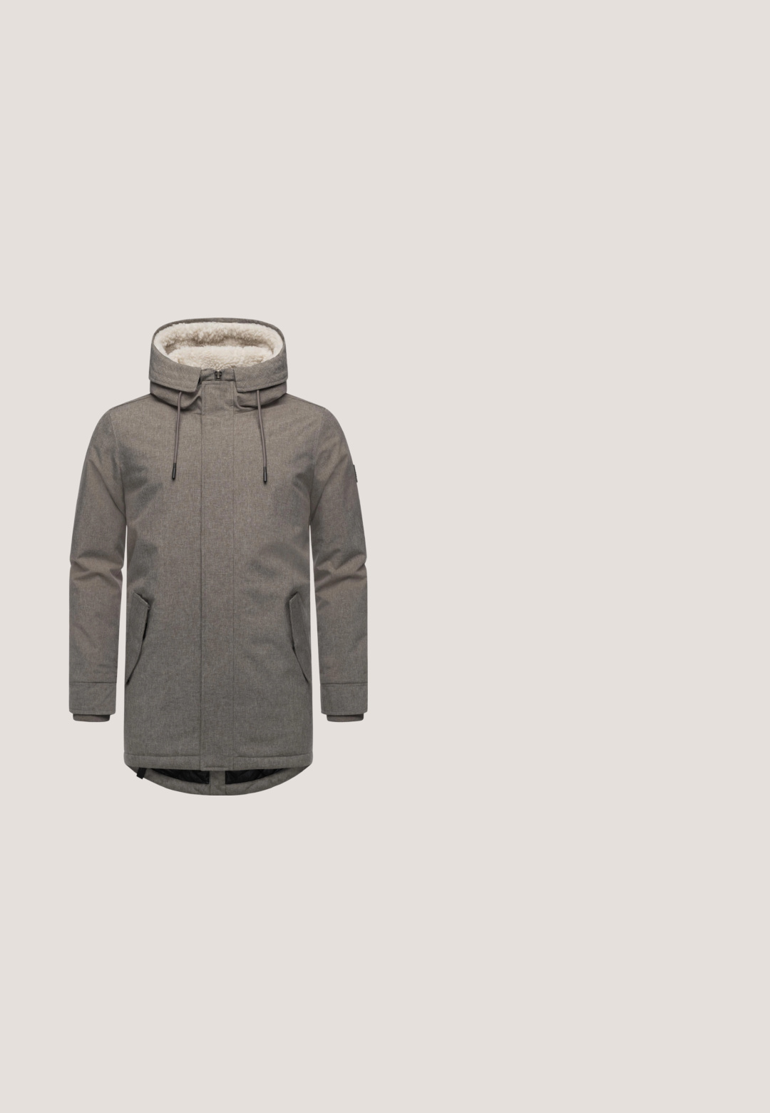 Grå udendørsjakke med en pelsforet hætte, lange ærmer og to sidelommer. Stoffet har en tekstureret, meleret udseende.; Beige ribbet langærmet sweater med rund hals og en sort rektangulær logo-patch nær den nederste kant på højre side foran.; Rød og brun ternet skjorte med lange ærmer og standard krave. Har en lomme på venstre bryst og tekstureret stof.; Lys blå denim jeans med lige snit, fem lommer, en knaplukning og synlig syning. Har et let slidt look.; Brune læder og sort tekstil midtop sko med teksturerede detaljer, polstret krave og kontrastfarvet gummisål. Har brandlogo.; Brun læderpung med lynlåslukning, glat tekstur, rektangulær form og frontlomme præget med "JOOP!"-logo.