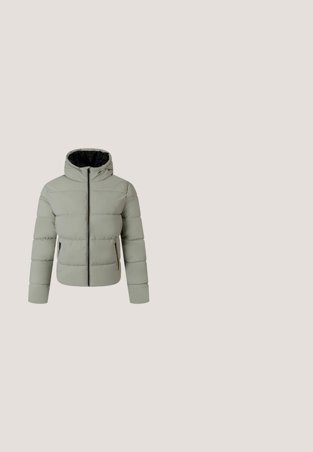 Doudoune gris clair avec capuche, dotée d'un zip sur le devant, de poches latérales et d'une finition lisse. Ourlet ajustable pour un ajustement parfait.; Sweat-shirt vert olive à col ras du cou, manches longues avec poignets et ourlet côtelés, présenté à plat sur un fond blanc.; T-shirt unisexe gris clair à manches courtes et col rond, étalé à plat, avec une texture chinée subtile et de petites étiquettes en tissu noir sur la manche et l'ourlet.; Jean en denim gris clair avec une coupe à jambe droite, cinq poches, passants pour ceinture et une braguette zippée. La texture du tissu semble légèrement usée.; Baskets avec un dessus blanc et gris, des accents roses, un design à lacets, une semelle en caoutchouc, et un logo circulaire sur le côté.; Sac fourre-tout vert olive avec doubles poignées, poche avant zippée et bandoulière réglable sur fond blanc.
