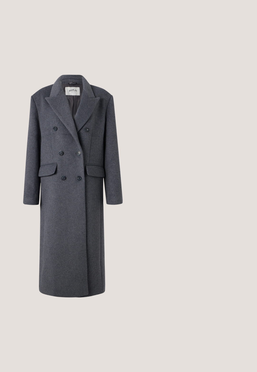 Replay JACKET - Klassisk frakke - dark gray; JDY Knitted JDYINGEBORG Knitted - Striktrøje - pumice stone; Hvid skjorte med klassisk krave, lange ærmer og manchetter. Fremstillet af glat stof, den har en midt foran placket.; Lyseblå, høj talje jeans med lige ben-design. Lavet af denim, featuring forlommer og knaplukning.; Sort læder ankelstøvle med spids tå og lav kitten hæl på lys baggrund, der viser yderside.; Sorte læderhåndtaske med en buet form, en enkelt skulderrem og lynlås lukning øverst. Har et diskret logo på fronten til branding.