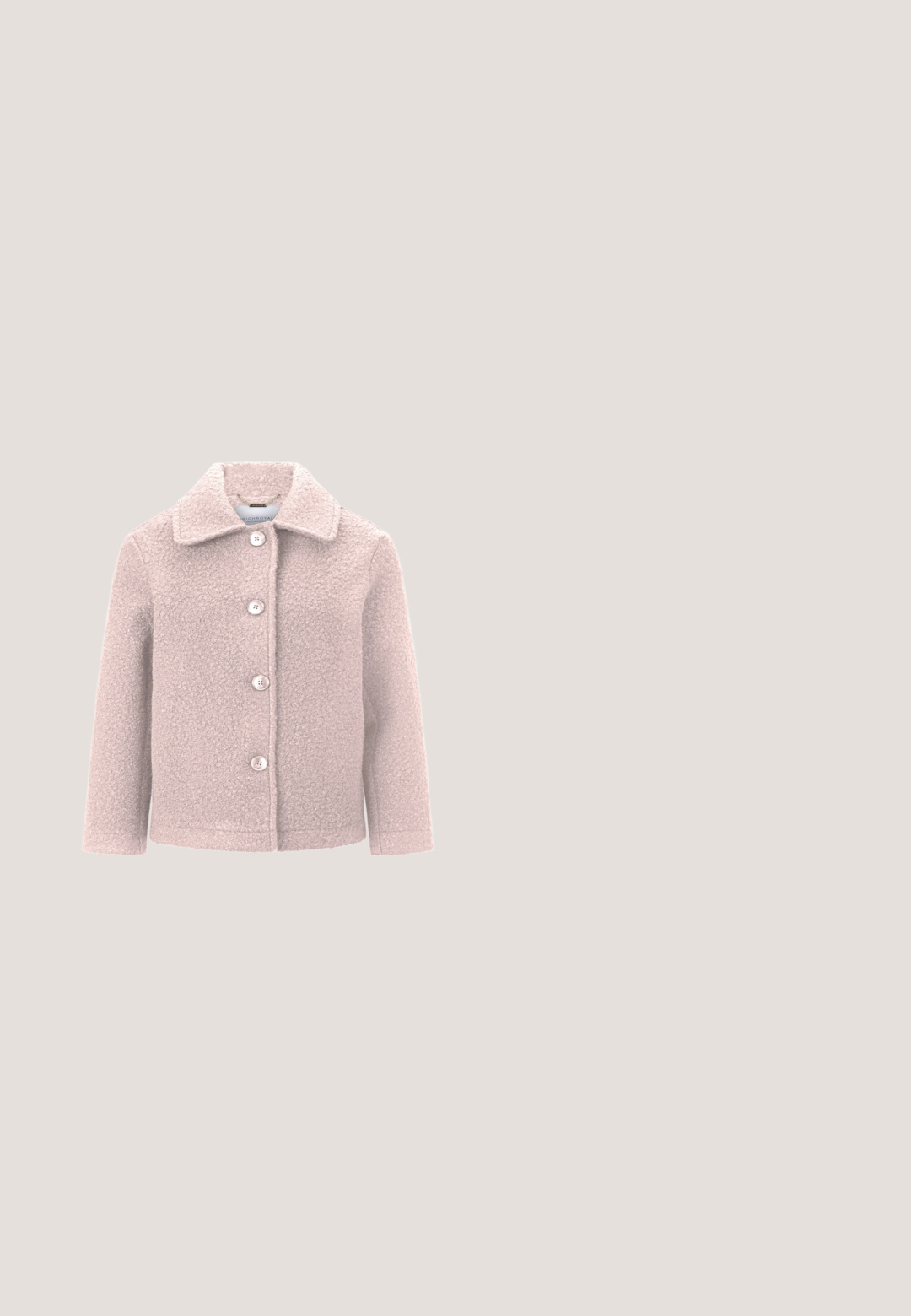 Hellrosa wollstrukturierte Jacke mit vier Frontknöpfen und einem breiten Kragen, dargestellt auf weißem Hintergrund.; Braunes Kleid mit langen Ärmeln und großem, leuchtend pink-rotem Blumenprint, vorn mit Knopfleiste und Kragen.; Rosa Wildleder-Pumps mit spitzer Zehenpartie, Knöchelriemen mit goldener Schnalle und strukturierter Oberseite auf einem zulaufenden Absatz.; Braune durchsichtige Katzenaugen-Sonnenbrille mit dunklen Gläsern, die auf einer weißen Oberfläche liegt.; Rosa Clutch-Tasche mit goldener Kettenriemen und zwei großen dekorativen Stoffblumen auf der vorderen Klappe.; Paar beige, blumenförmige Ohrstecker mit durchscheinenden Blütenblättern und kleinen runden Perlen, die in der Mitte auf weißem Hintergrund gruppiert sind.