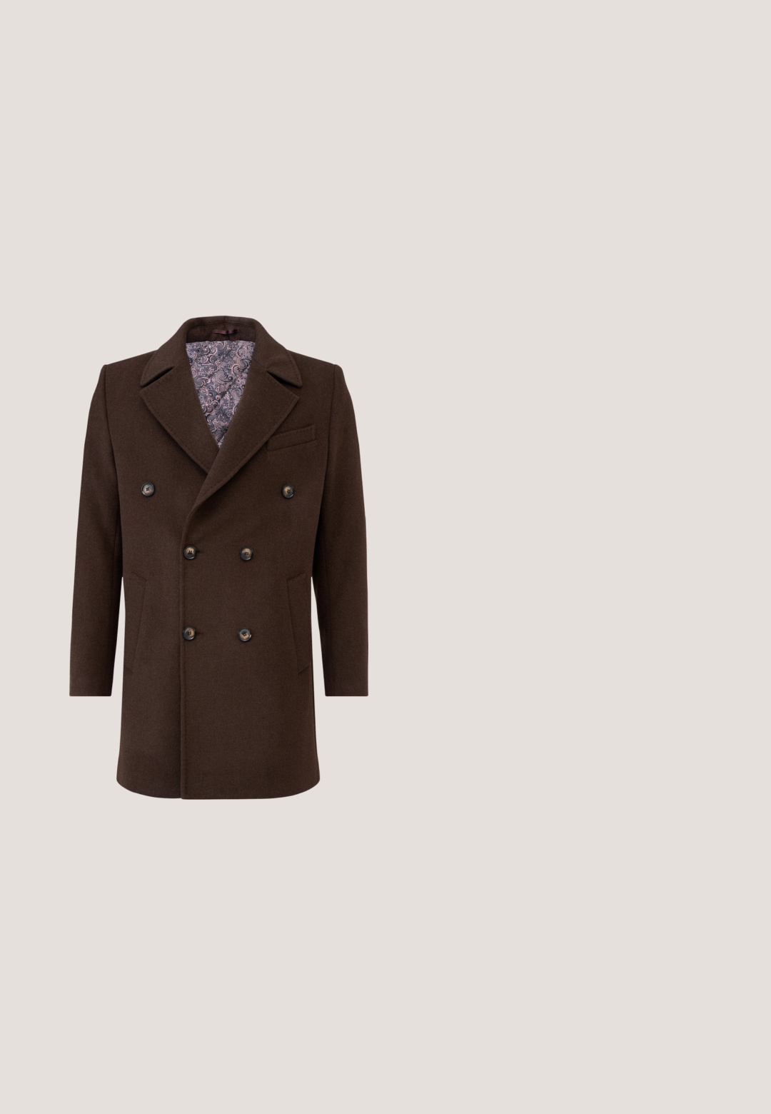 Brun uld dobbeltbrystet frakke med store sorte knapper, skrå krave og paisley-mønstrede for. Har to forlommer og en brystlomme.; Sort og brun argyle-mønster cardigan lavet af fluffy strikmateriale. Rund halsudskæring og lange ærmer; blød tekstur med en afslappet pasform.; Brun og gul ternet skjorte med lange ærmer, knaplukning foran og en enkelt brystlomme. Materialet virker let og glat.; Brune og sorte ternede bukser med en glat tekstur, der har en baglomme og en sort knaplukning. Skræddersyet design med struktureret talje.; Brun læder Chelsea-støvle med elastiske sidepaneler, trækflap, rund tå og en lav stablet hæl. Glat tekstur, minimalistisk design.; Sort læder rektangulær toilettaske med lynlås og lille sideløkke, vist mod hvid baggrund.