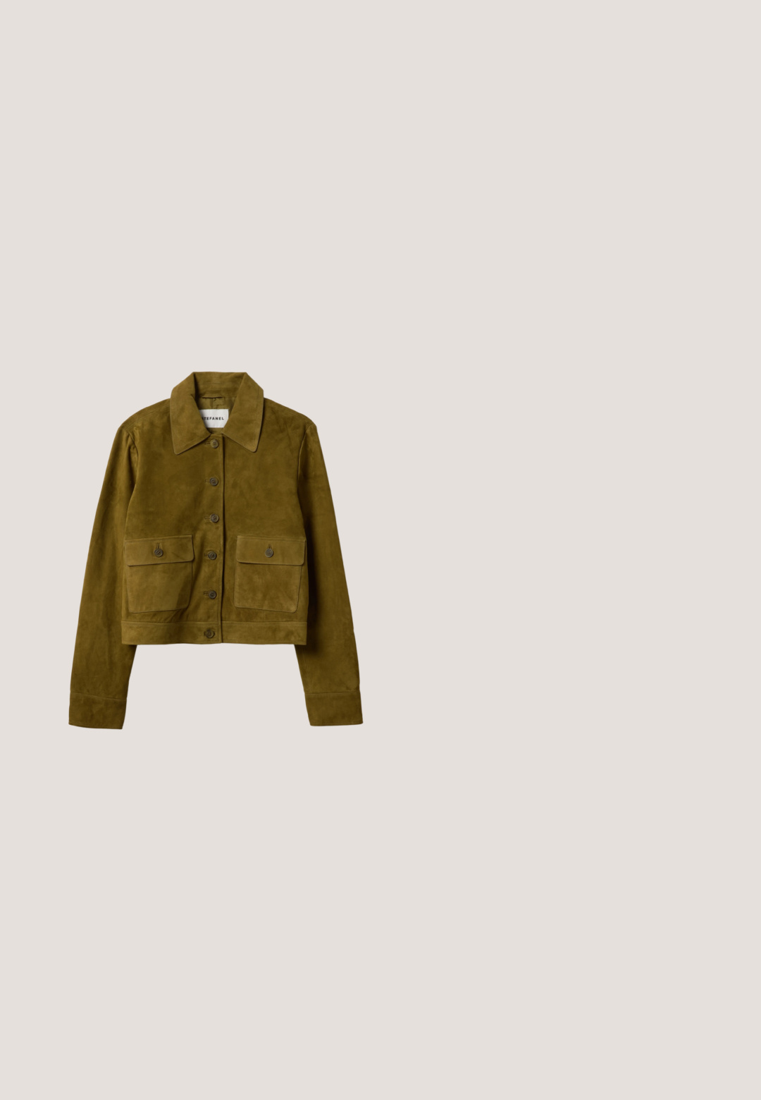 Olivgrüne Wildleder-Cropped-Jacke mit langen Ärmeln, spitzem Kragen, Knopfleiste vorne und zwei aufgesetzten Klappentaschen mit Knopf vorne.; Grünes Kleid mit Leopardenflecken, gestuften Rüschen an der Taille und dem Saum, kurzen Glockenärmeln und einem tiefen V-Ausschnitt. Leichter, transparenter Stoff.; Grüner Lackleder-Pump mit spitzer Zehe, goldenen Hardware-Akzenten und Blockabsatz. Glatte Textur und strukturiertes Design.; Einfache ovale Sonnenbrillen mit dunkelgrünen Rahmen, bräunlichen Verlaufslinsen und schlanken bronzenen Bügeln. Mit runden Akzenten, wo die Rahmen auf die Bügel treffen.; Grüne Leder-Tote-Tasche mit filigranen durchbrochenen Blattmustern, zwei kurzen Griffen und einem abnehmbaren Schultergurt.; Goldene Kettenhalskette mit gleichmäßig verteilten türkisfarbenen runden Steinen. Jeder Stein ist in eine goldene Fassung eingesetzt. Enthält einen Karabinerverschluss und einen Verlängerer.