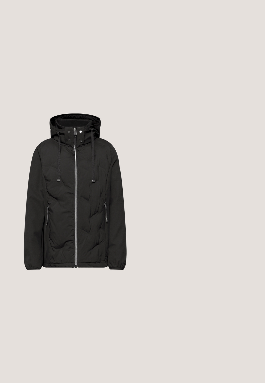 Veste à capuche noire rembourrée avec fermeture éclair devant, deux poches latérales zippées, cordons de serrage ajustables et détail de col à bouton-pression.; Haut à capuche noir et blanc rayé avec une poche avant, des manches longues et une capuche à cordon. Fabriqué en tissu doux et extensible.; Pantalon noir à jambes droites avec poches avant, fermeture par bouton et passants pour ceinture, étiqueté "Cecil Pants" à la taille.; Ballerines en cuir noir avec un bout rond, texture lisse et un bord légèrement élastiqué pour le confort. Semelle en caoutchouc pour une meilleure adhérence.; Sac à main en cuir noir avec deux longues poignées, une bandoulière réglable et une surface texturée, présenté sur un fond blanc.; Bracelet chaîne en argent avec un centre en forme de cœur ouvert et un fermoir réglable sur fond blanc.