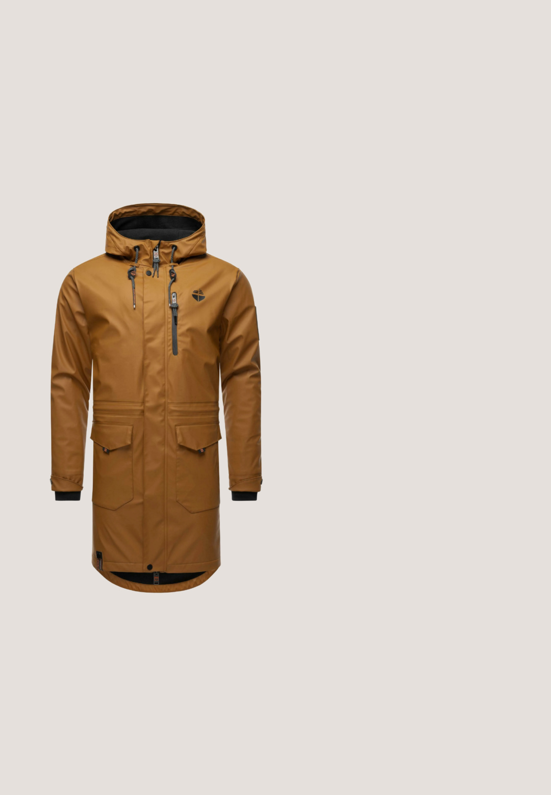 Waterproof bruine parka jas met capuchon, frontzipper, twee voorzakken, elastische manchetten en een logo op de borst. Gladde textuur.; Gebreide sweater met een geometrisch ruitpatroon in beige, oranje, blauw en wit. Heeft een ronde hals en geribbelde manchetten en zoom.; Witte katoen T-shirt met een grafiek van een beer in een zonnebril en een hoed, met de tekst "SOUND WAVE VINTAGE VIBES" in vette letters.; Beige katoenen chino's met een recht ontwerp, riemlussen, een sluiting met voorknop en twee zijzakken. Glad textuur met minimale kreukels.; Bruine leren enkellaars met een geweven stoffen paneel, nepbont kraag, ritssluiting aan de voorkant en rubberen zool met een patroon.; Bruine crossbodytas met een patroonstructuur, een ritsvak aan de voorkant, lederen afwerking en verstelbare riem, gebrandmerkt met het Tommy Hilfiger-logo.