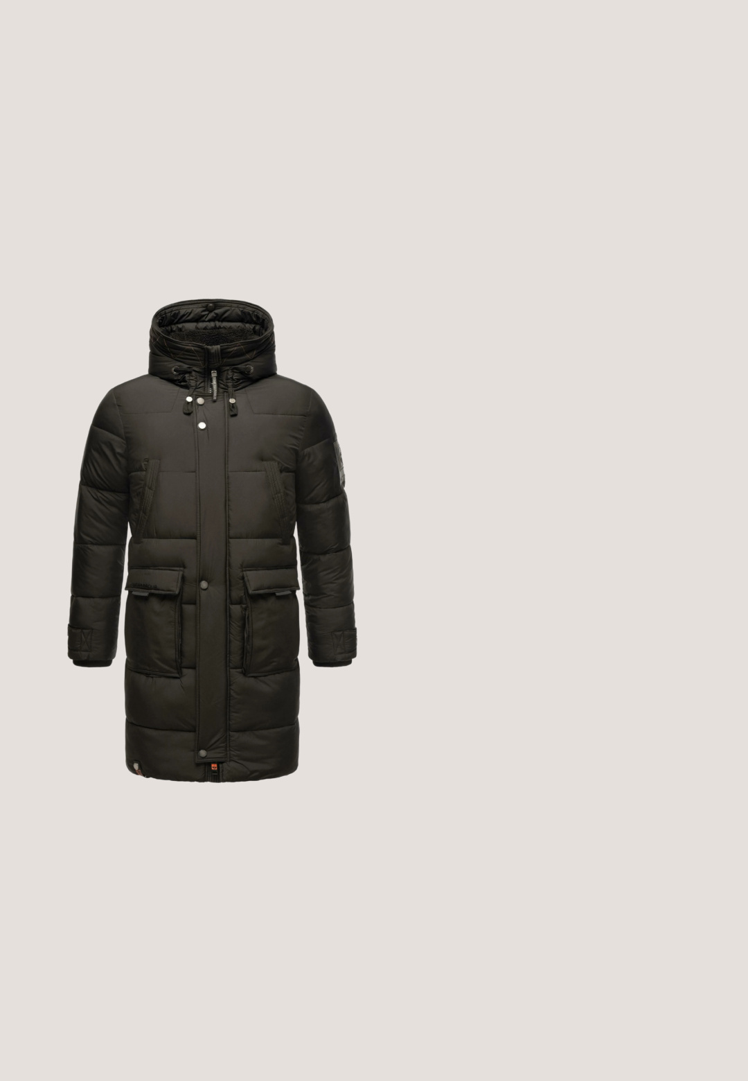 Sort hættepufferjakke med lynlås, to forlommer og kviltet tekstur. Har justerbar snor og logo-patch.; Mørkegrå sweatshirt med halv lynlås krave. Har ribbenede manchetter og kant. Blødt, bomuldsblandet stof med en glat tekstur. Enkel design.; Selected SLMASPEN ONECK TEE - T-shirts basic - medium grey melange; Sorte denimjeans med slim fit, fem-lomme design, diskret falmning og kontraststing. Har klassisk metalknap og lynlås lukning.; Sort læder ankelstøvle med en glat finish, snørebånd fortil, tyk sål med ribbede kanter og en tab. Placeret over en træflade.; Sort kompakt læderetui med frontlomme, lynlåslukning i siden og præget mærkenavn JOOP på frontpanelet.
