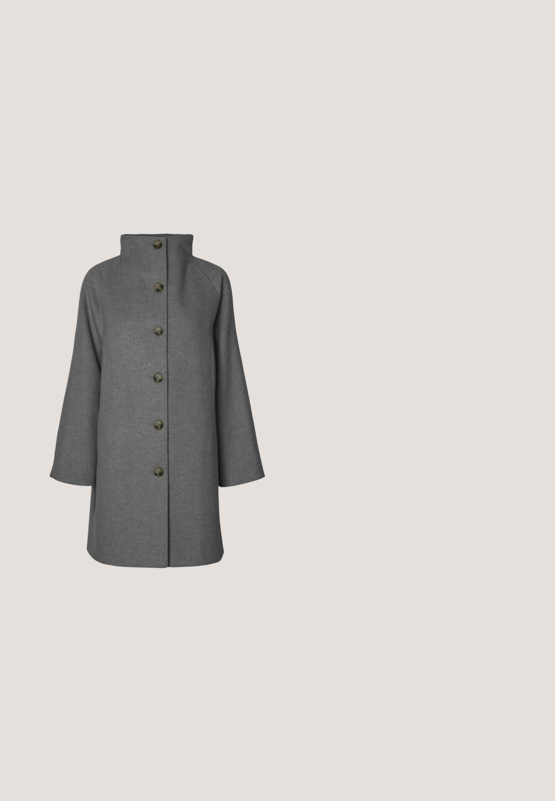 Grå uldfrakke med høj krave, syv frontknapper og brede, ærmelange ærmer. Glat tekstur og struktureret design.; Mørkegrå, fuzzy turtleneck sweater med afslappet pasform og dropped shoulders. Blød tekstur og cropped kantdetalje. Ingen synlige lukninger.; Mørkegrå skræddersyede bukser med forreste læg, sidelommer, knap i taljen og lynlås.; Sorte læder ankelstøvler med spids tå og en kraftig firkantet hæl. Glat overflade med et sømløst design og minimalistisk syning.; pure cashmere COLLAR SCARF - Tubehalstørklæder - oatmeal; Brun læder tote taske med dobbelte håndtag, struktureret overflade og guld logo. Den inkluderer en beige konvolut-Style pung med guld knaplukning.