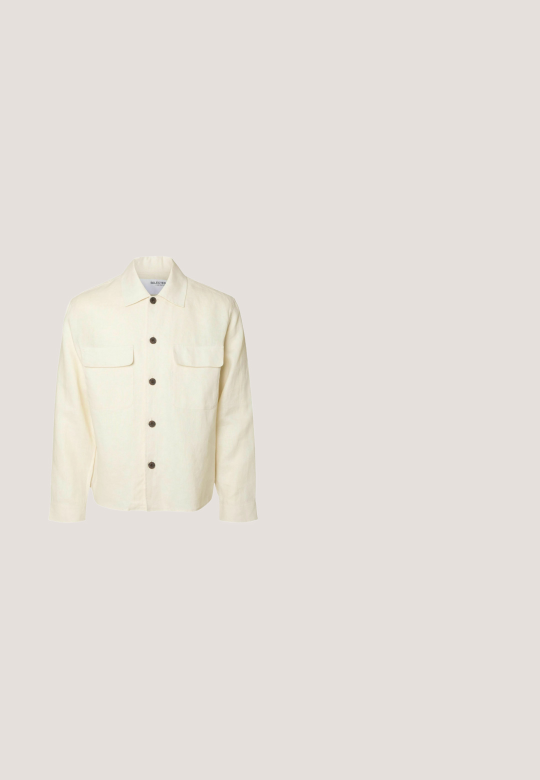 Heledest linane särk off-white värviga, nööpidega ees, kahe rinnakotiga, klassikalise kraega ja pruunide nööpidega. Pikad varrukad, nööpidega mansettidega.; Roheline kootud sviiter ümmarguse kaelusega, pika varrukaga ja tekstuurse kangaga. Lihtne disain, ilma nähtavate mustrite või aktsentideta.; Helehall sinine pika varrukaga nööbitav särk nööbitava krae ja rinnataskuga, valgel taustal.; Beežid laia lõikega püksid õrna tekstuuriga, esiservas voldid, nööpkinnitus ja taskud puuduvad.; Pruun nahast kleitking, sileda viimistlusega, ümmargune nina, viie silmadega seotud disain ja madal virnastatud konts.; Pruun nahkne vöö hõbedase metallist pandlaga. Rihmal on sile tekstuur ja pandla lähedal on väike sinine aksent.