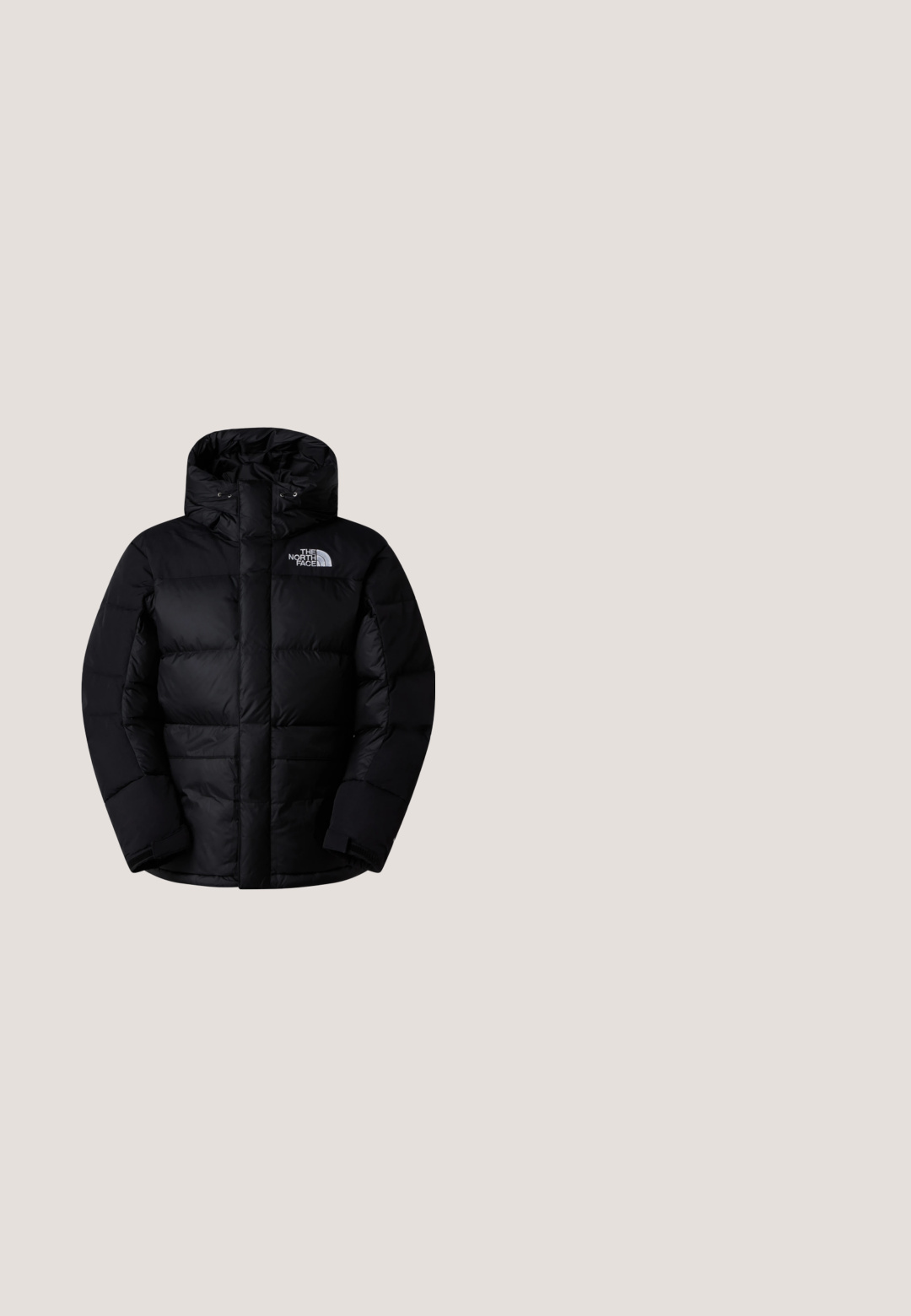Schwarze Pufferjacke mit hohem Kragen, Kapuze und Reißverschluss an der Vorderseite. Verfügt über gesteppte Abschnitte und ein weißes Logo auf der linken Brust. Weiche Textur.; Hellbeiger Hoodie aus weichem Stoff, mit einer Vorderseite-Tasche, gerippten Bündchen und einem schwarzen Logo-Patch auf der Brust.; Schwarzes Baumwoll-T-Shirt mit kurzen Ärmeln und Rundhalsausschnitt, mit einem kleinen weißen Logo auf der linken Brust. Weicher Stoff, lässige Passform.; Schwarze Sweatpants aus weichem Material. Mit einem elastischen Bund und Kordelzug, elastischen Bündchen und einem kleinen weißen Logo am Oberschenkel.; Grauer und schwarzer Trailrunning-Schuh mit robustem Sohlenprofil, Schnürverschluss, rotem Zuglasche und The North Face Logo an der Seitenfläche der Sohle.; Schwarze Bauchtasche aus strapazierfähigem Nylon mit einem großen Hauptreißverschlussfach und einer Vordertasche. Mit einem Logopatch und verstellbarem Gürtel.