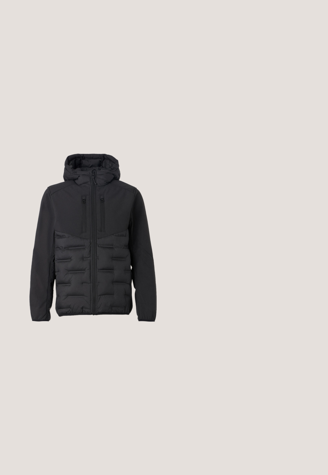 TOM TAILOR DENIM HYBRID - Välikausitakki - black; Mustan, ribattu neulepusero, jossa on korkea kaulus ja lyhyt vetoketju. Varustettu pitkillä hihoilla ja suoran helman sekä ribatulla hihansuulla.; Pitkähihainen poolopaita keskiharmaassa, meleeratussa kankaassa, jossa on puolivetoketju, kauluksellinen pääntie ja hienovarainen logotunnus rinnassa.; Tummanharmaat suorat farkut, jotka on valmistettu denimistä. Ne sisältävät klassisen viiden taskun suunnittelun ja napin sulkumekanismilla vyötäröllä.; Mustat nahkaiset Chelsea-saappaat, joissa on joustavat sivupaneelit, vetolenkit, pyöristetyt varpaat ja teksturoitu kumipohja. Sileä pinta ja kestävä muotoilu.; Mustassa viestintälaukkussa on teksturoitua kangasta, vetoketjukiinnitys, säädettävä hihna ja painettu logo etupaneelissa.