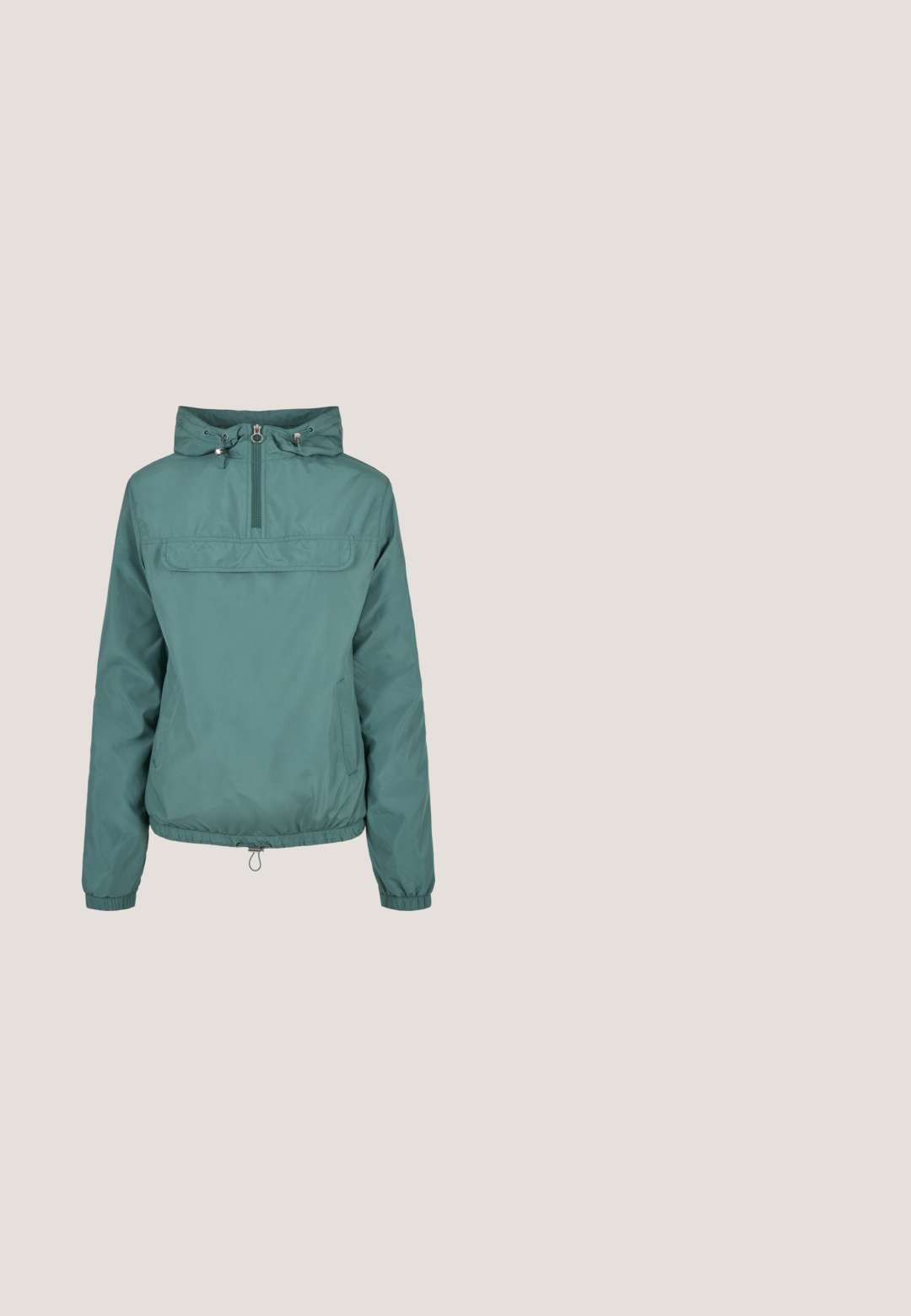 Veste coupe-vent teal avec fermeture zippée à mi-hauteur, capuche ajustable et poignets élastiques. Comprend une poche avant et un ourlet à cordon de serrage.; Haut à capuche gris en coton, équipé d'une capuche avec cordon de serrage, de manches longues, de poignets côtelés et d'un ourlet. Design uni sans motifs.; T-shirt blanc uni à manches courtes et col rond, avec une petite étiquette à l'intérieur du col, posé à plat sur un fond blanc.; Pantalon de survêtement gris en tissu doux, avec une taille élastique, des chevilles fuselées et un design simple sans motifs ni accents visibles.; Baskets blanches épaisses avec semelle texturée, tige en mesh et cuir, fermeture à lacets et languette au talon sur fond blanc.; Sac banane noir en matériau lisse et résistant à l'eau, avec un corps rectangulaire, une sangle ajustable et un patch logo à l'avant.