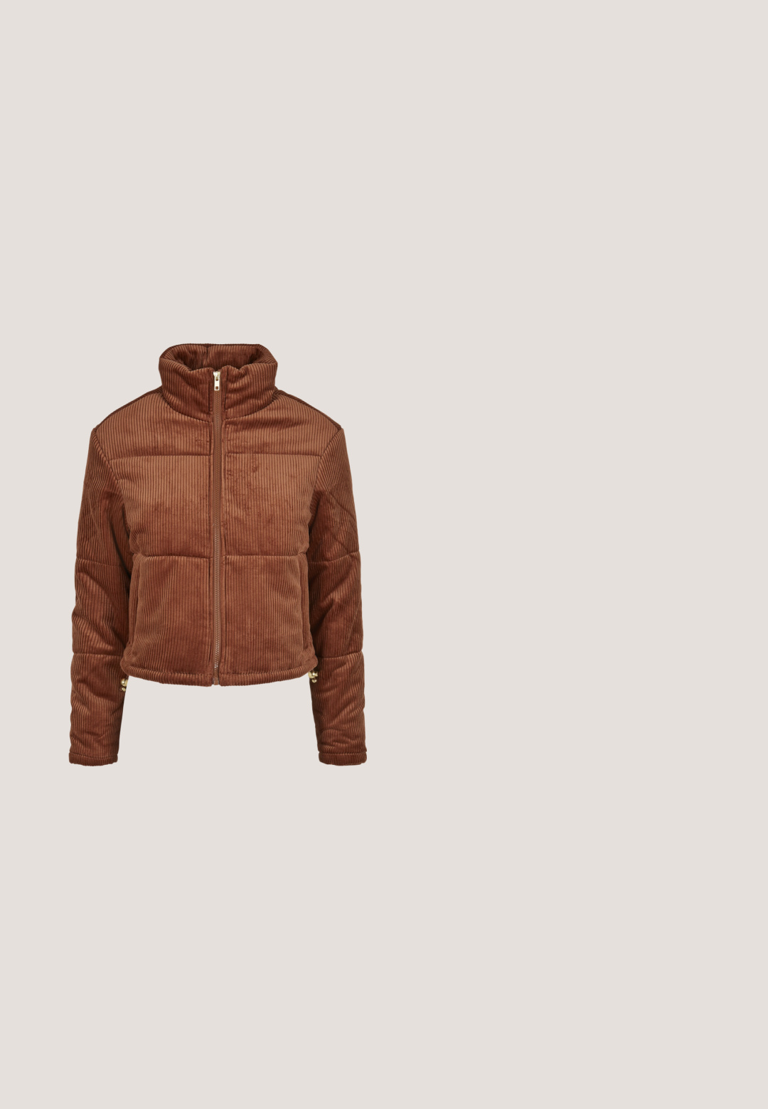 Bruine corduroy jas met een hoge kraag, een voorkant rits en een puffy ontwerp. Kenmerken zijn verticale ribbels en accenthardware bij de manchetten.; Bordeaux kleurige jumpsuit met een kraag, gouden rits en twee voorzakken. Tekstpatch "Schnitt NYC" en schouderinsignia details. Getailleerde pasvorm.; Witte lage sneaker met witte veters, gestructureerde afwerking, tan gekleurde suède details aan de zijkant en hiel, en dikke witte rubberen zool.; Rechthoekige schildpadzonnebril met donkere glazen en een gouden rond embleem op het montuur, schuin geplaatst om voorkant en zijkant te laten zien.; Handtas in de vorm van een hond met bruine riemen, een wit lichaam en kleurrijke stickers waaronder ogen, harten, sterren en symbolen op het oppervlak.; Gouden twisted hoepel oorbellen met een veilige scharnierhaak, voorzien van een gladde, glanzende textuur en afgeronde randen.