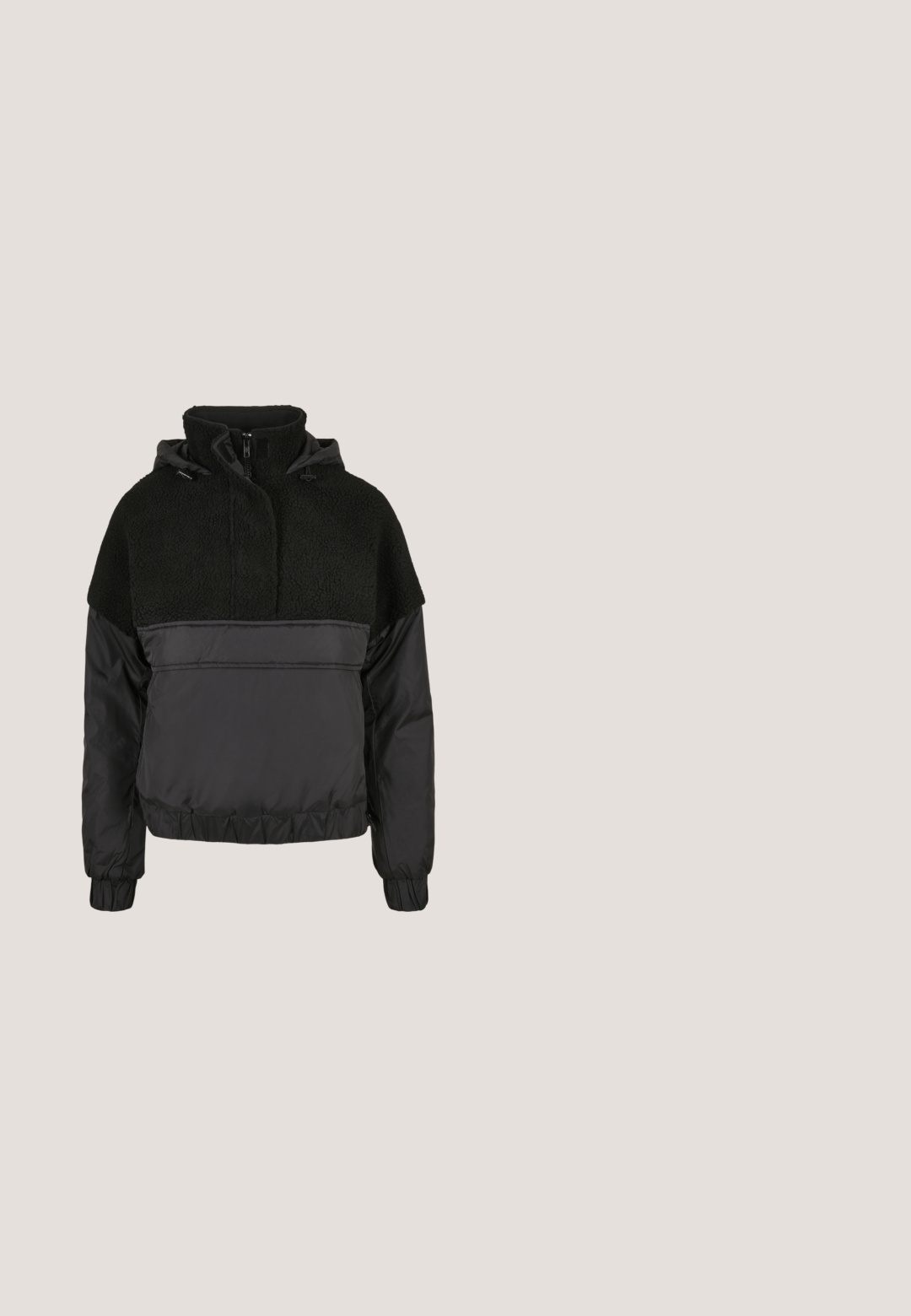 Sort jakke med en struktureret, fleece øverste del, kontrasterende glat nederste del og en høj krave med justerbare snore.; Creme hoodie med frontlomme, justerbar snor i huen og lille sort logo på brystet. Blødt stof og ribbede manchetter.; Mørkeblå vidde jeans med høj talje, guldknap-detaljer, to for- og baglommer samt kontrastsyede detaljer. Tekstureret denim stof.; Hvide atletiske sneakers med en glat læderoverdel, rund sål og tekstureret accent. Har snørebånd og en slippe-strop bagpå.; Ovale briller med en metallisk sølvramme, klare linser og strukturerede perleaccentede stænger. Letvægtsdesign med buede arme.; Blød mørkebrun læder hobo-taske med enkelt bred rem og subtil central sømdetalje mod hvid baggrund.