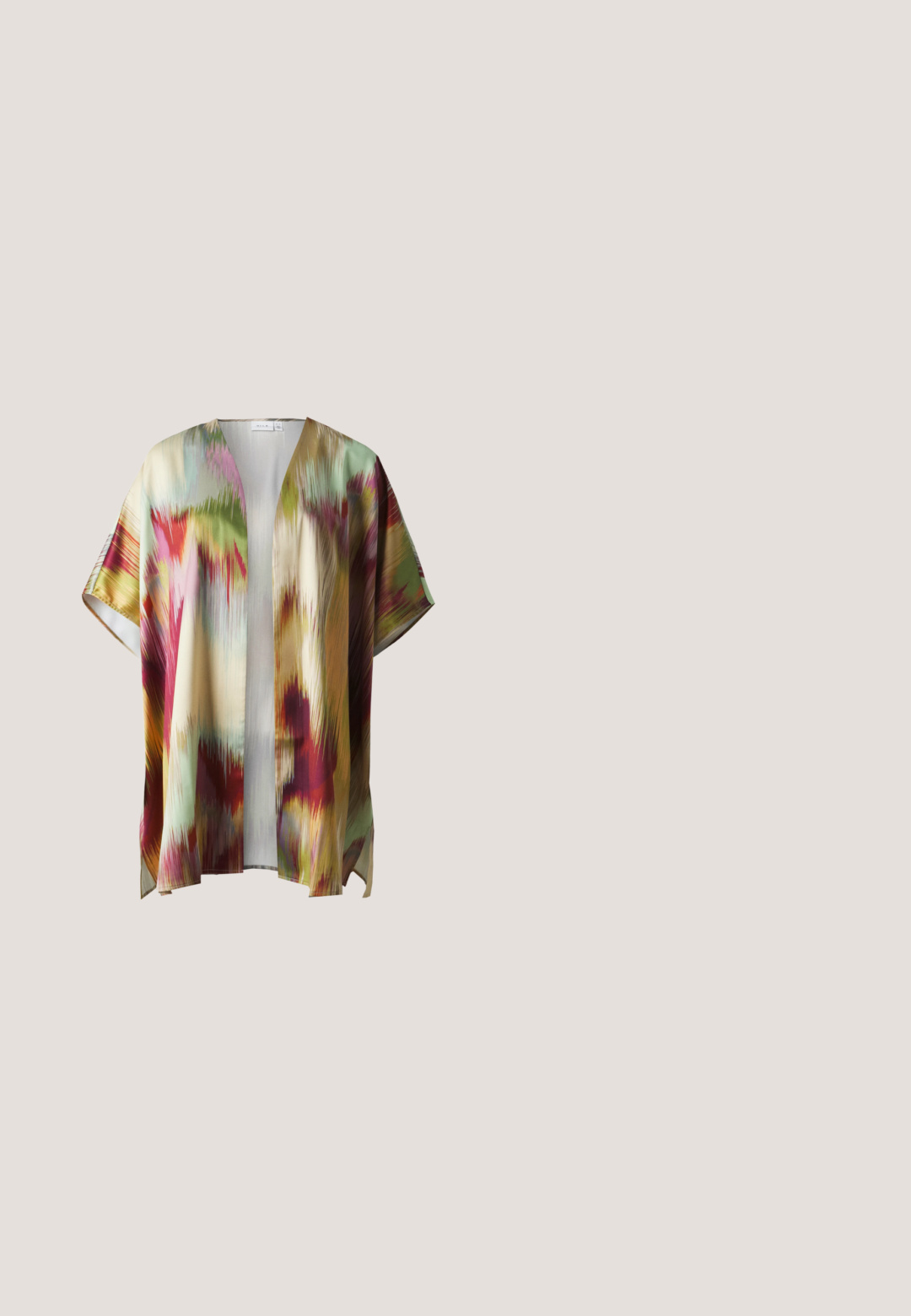 Kimono à manches courtes et à ouverture frontale en tissu soyeux présentant un motif abstrait vibrant avec des couleurs comme le rose, le vert et l'or.; Noisy May NMMAYA  - Débardeur - bright white; Leggings côtelés dans une teinte orange chaude, dotés d'une taille haute. Fabriqués dans un tissu doux avec une texture verticale, offrant un ajustement serré.; Sandale plateforme noire épaisse avec plusieurs brides, bout ouvert, bride à la cheville et boucle argentée sur un fond gris clair.; Sac fourre-tout en velours côtelé marron avec deux poignées, une poche avant et des accents en matériel doré. Une forme rectangulaire simple avec un tissu texturé.; Pince à cheveux en écaille de tortue en plastique, présentant un design ondulé avec plusieurs dents de préhension et un sommet arrondi.