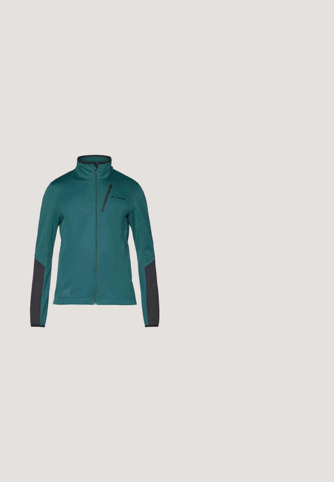 Teal fleece jack met een hoge kraag, volledige voorkant rits, zwarte accenten op de mouwen en een klein borstzakje. Logo gedrukt op de borst.; Zwart sport T-shirt met korte mouwen en een ronde hals met klein logo op de linkerborst, weergegeven op een effen lichte achtergrond.; Vaude MENS MATERA WARM  - Lange fietsbroek met bandjes - black; Zwarte lage sneaker met mesh bovenwerk, vetersluiting en flexibele rubberen zool, zijaanzicht op witte achtergrond.; Zwarte stoffen schoudertas met een verstelbare strap, voorflap en een ritsvak. Heeft merkhardware en een compacte rechthoekige vorm.; Zwarte stoffen riem opgerold met een matte zwarte rechthoekige gespsluiting met een subtiel gegraveerd logo op een effen lichte achtergrond.