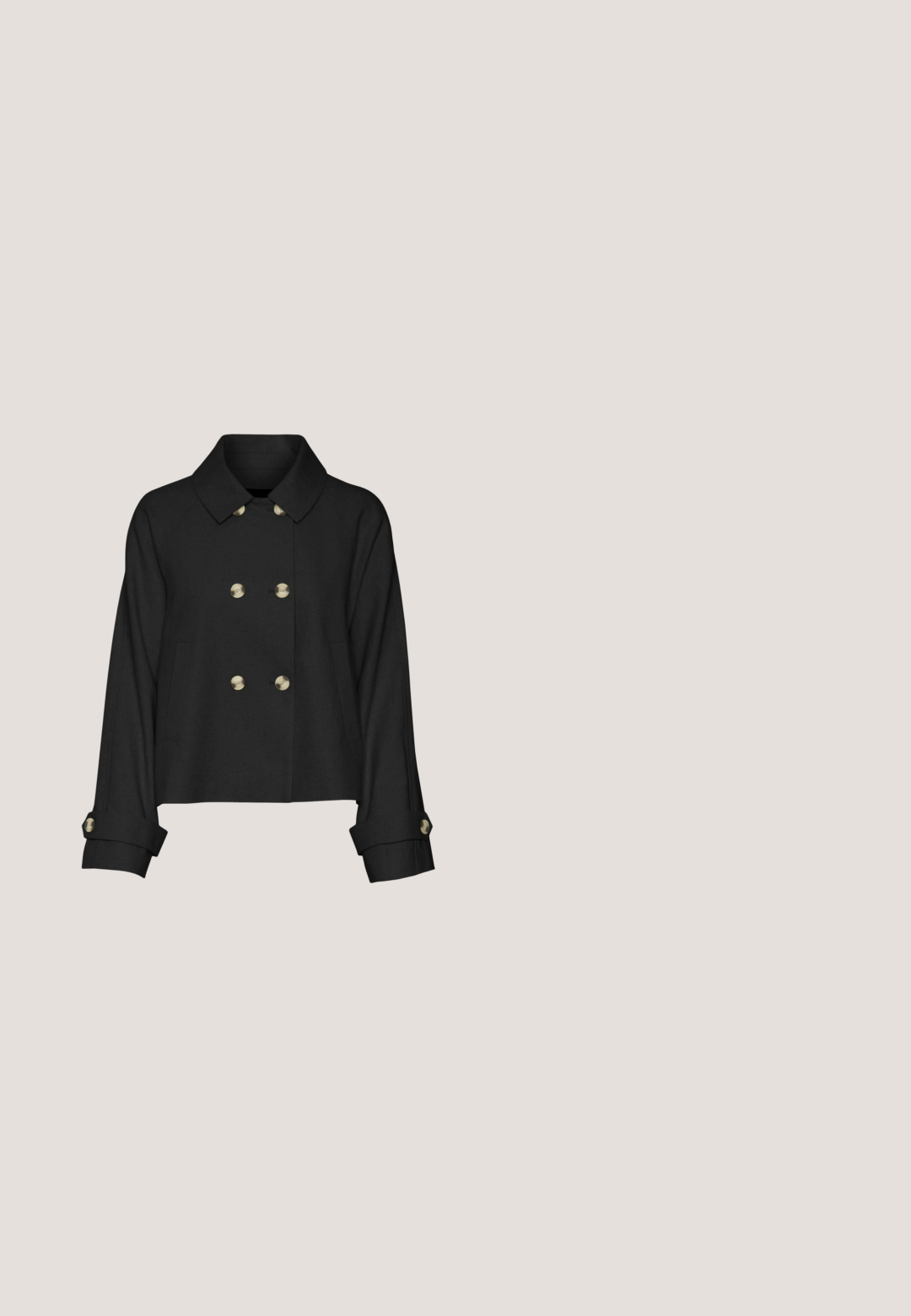 Veste noire cropped en tissu texturé, avec un devant croisé à double boutonnage et boutons dorés, poches latérales et poignets à boutons.; Haut noir à manches trois-quarts avec un large col bateau et un ourlet droit, présenté sur fond blanc.; Pantalon noir à jambes larges avec taille élastiquée et cordon, en tissu léger texturé.; Chaussure slingback en cuir noir avec un bout pointu, des détails froncés et un petit talon. Texture lisse et design minimaliste.; Sac à main rectangulaire en cuir noir avec deux longues poignées et une fermeture éclair sur le dessus, présenté sur fond blanc.; Bague en céramique violette avec un dessus lisse et arrondi, et un anneau en or poli. Elle présente un design élégant et minimaliste avec des accentuations brillantes.