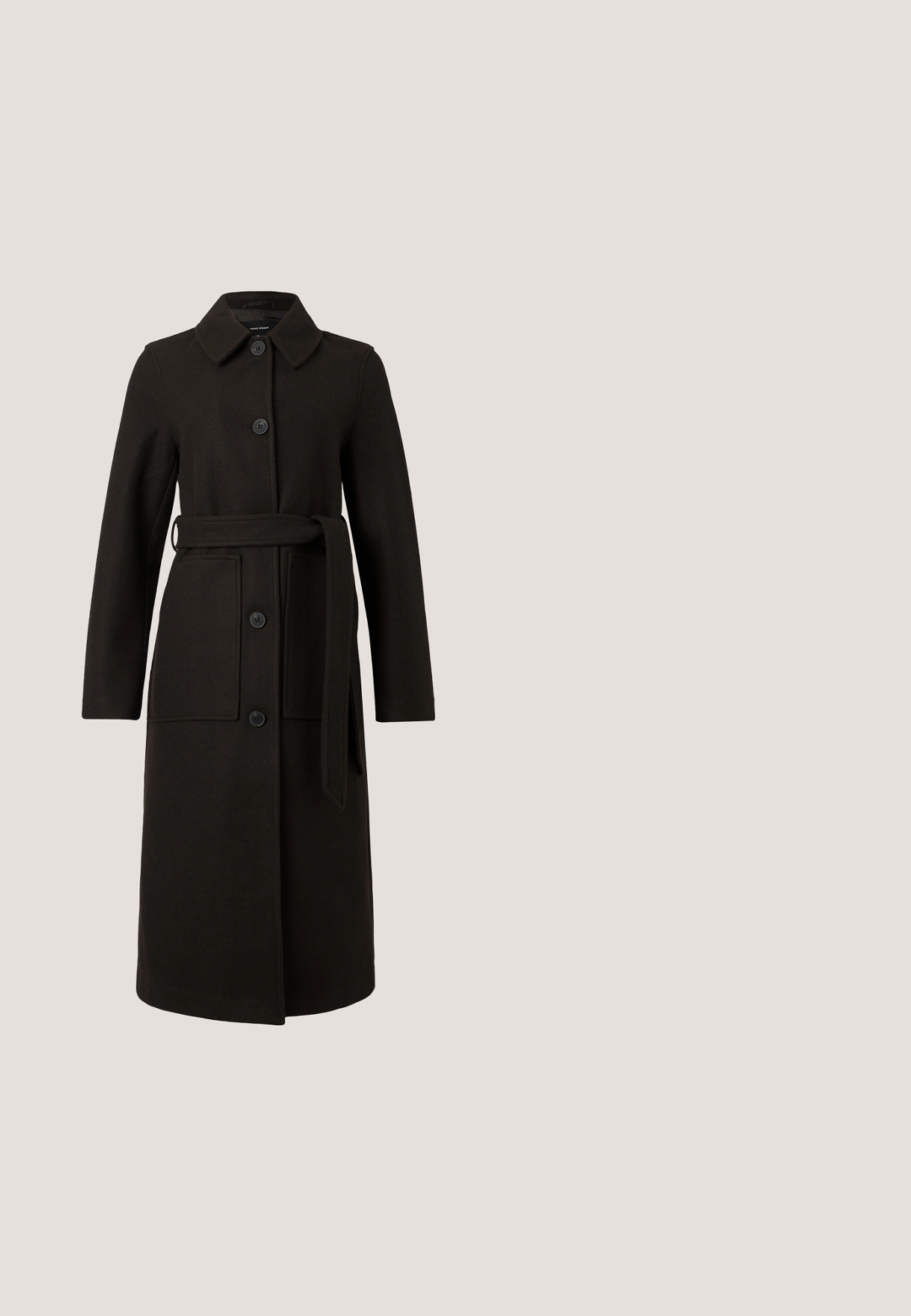 Vero Moda VMFORTUNEPARIS LONG COAT - Mantel - chocolate torte; Bruine blouse met lange mouwen, een geplooide hals, een keyhole-detail en een kleine metalen gesp bij de nek, met doorschijnende mouwen en elastische manchetten.; Wollen mix kokerrok met een bruin en grijs ruitpatroon, gestructureerd ontwerp en een nette afwerking aan de rand.; Glanzende donkerbruine slingback met spitse neus, lage kittenhak en kleine decoratieve gesp op het voorriempje.; Zign LEATHER - Shopper - chocolate brown; Oorringen in goudkleur met een gladde, glanzende afwerking. Afgeronde, langwerpige vorm die moderne elegantie toevoegt. Afmetingen niet gespecificeerd.
