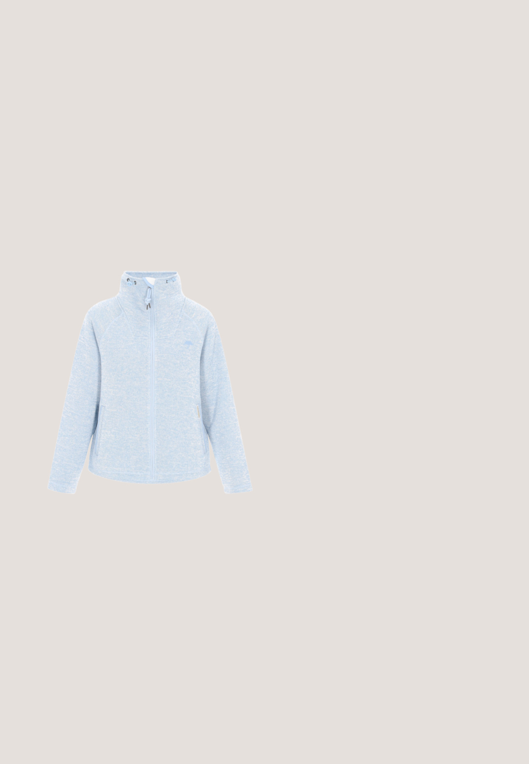 Hellblaues Fleece-Jackett mit hohem Kragen, durchgehendem Reißverschluss, zwei Seitentaschen und strukturiertem Finish. Verstellbare Kordel am Kragen.; Hellblauer Pullover mit Rundhalsausschnitt, langen Ärmeln, gerippten Bündchen und Saum, auf weißem Hintergrund gezeigt.; Gestreifte blaue Button-up-Bluse mit einer Tasche, die den Text "STUDIO UNTOLD" zeigt, klassischem Kragen und langen Ärmeln.; Helleblaue Hose mit einem Zugband in der Taille, entspannter Passform und geraden Beinen. Glattes Material mit einem sauberen Finish und ohne sichtbare Muster oder Akzente.; Hellblaue Wildleder-Sneaker mit weißer "90" an der Seite, weißem Fersenlasche, grauen Schnürsenkeln und brauner Gummisohle mit der Marke "Steve Madden."; Hellblaue Leder-Gürteltasche mit zwei Reißverschlussfächern und verstellbarem Riemen mit Druckknöpfen.