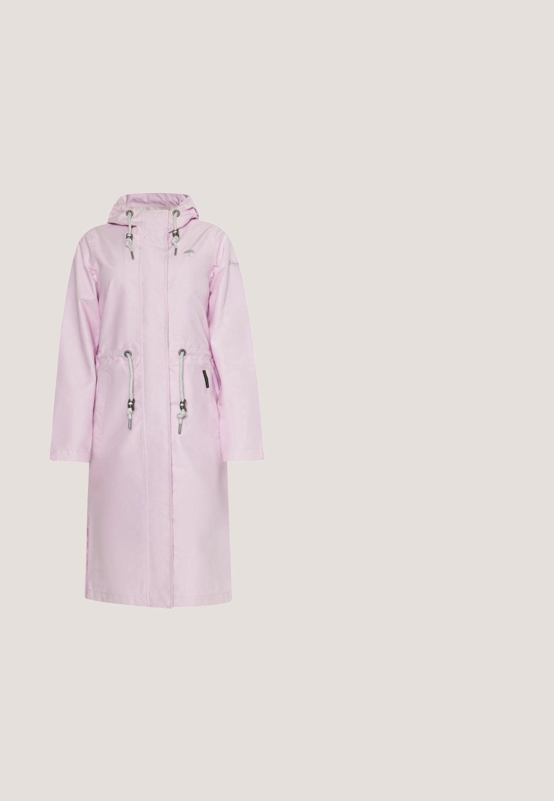 Manteau imperméable rose clair avec capuche, taille à cordon, zip frontal et deux poches latérales. Texture lisse avec des accents réfléchissants.; Blouse rose à manches courtes en tissu texturé avec des motifs à oeillets. Elle a un col rond et des manches bouffantes avec des poignets élastiques.; Jupe midi en denim bleu clair avec une fente à l'avant, coupe droite, design classique à cinq poches et finition délavée. Présente une étiquette de marque blanche.; Baskets multicolores avec une combinaison de cuir rose, beige et blanc. Présentent des accents texturés et une semelle en caoutchouc plate.; Sac à main en cuir Valentino rose clair avec une poignée courte, une bandoulière réglable, des finitions noires et un logo de marque doré sur le devant.; Bracelet réglable en argent avec une pierre précieuse ovale noire entourée de petits cristaux clairs sur une chaîne délicate.
