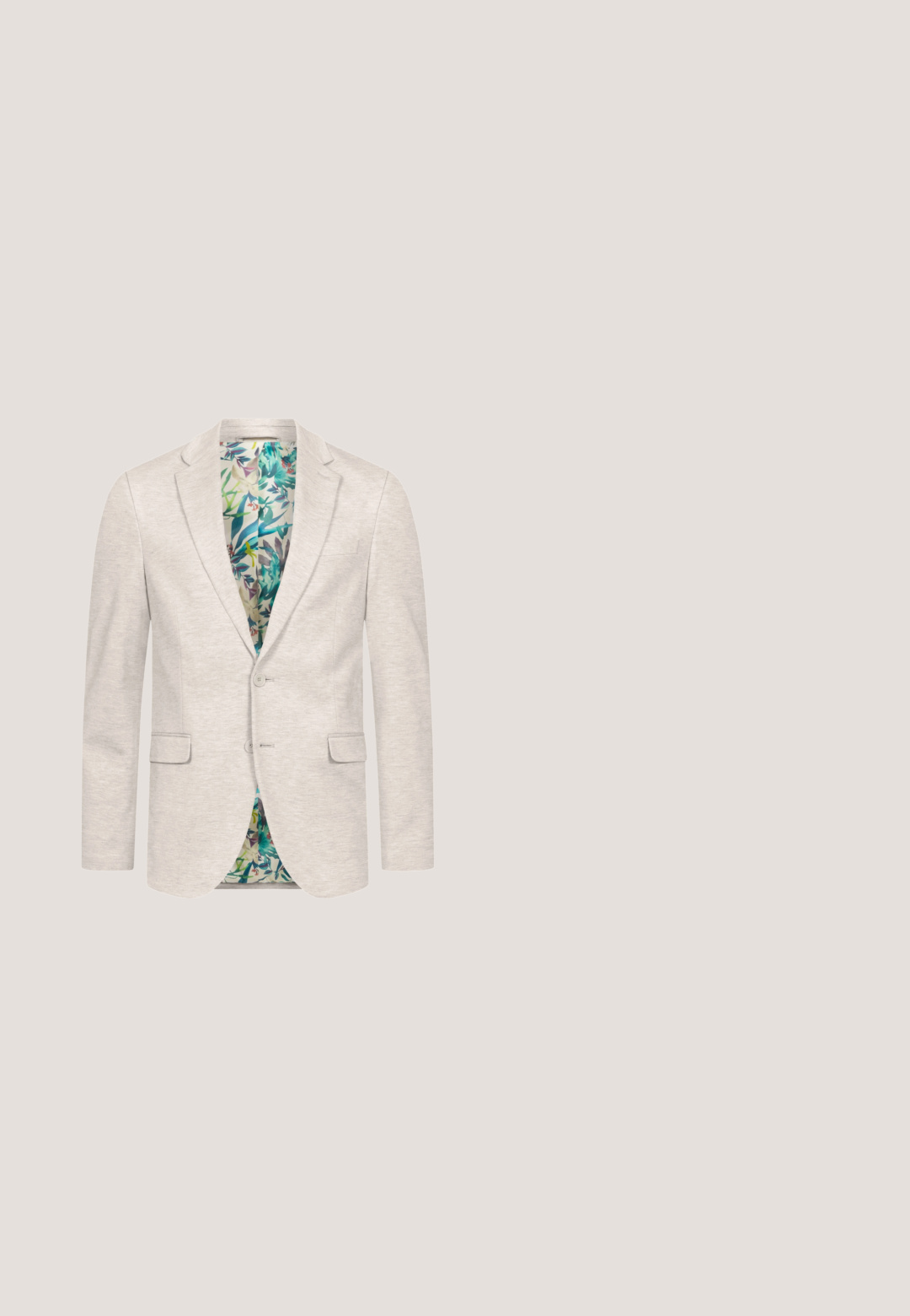 Helles graues Blazer mit zwei Knöpfen, Reverskragen und Brusttasche. Futter mit floralem Muster in Blau, Grün und Pink. Glatte Textur.; Langärmeliges Hemd in hellbeige aus glattem Baumwollmaterial. Verfügt über einen klassischen Kragen und eine durchgehend geknöpfte Front mit sechs Knöpfen.; Beige maßgeschneiderte Hose aus einem glatten Stoff, mit Knopfverschluss, Gürtelschlaufen und schmalem Schnitt mit geradem Bein.; Braune Lederschuhe mit glatter Oberfläche, runder Zehenform und fünf Schnürösen. Sie verfügen über einen niedrigen schwarzen Absatz und minimalistische Nähte.; Braune Satin-Fliege mit passendem Einstecktuch. Die Fliege hat ein elegantes Design und einen verstellbaren Riemen für einen sicheren Sitz.; Brauner Lederbelt mit glatter Textur, silberner Metallschnalle, genähten Kanten und einer Schlaufenverzierung, mit einer zulaufenden Spitze.