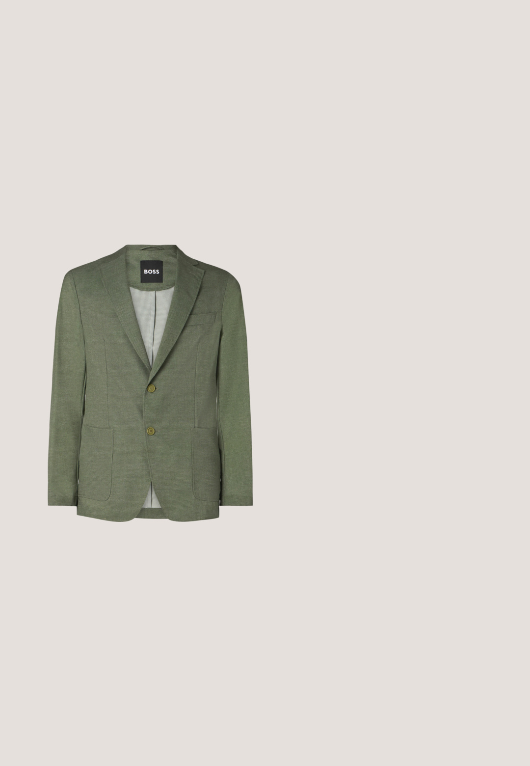 Blazer verde con tejido texturizado, solapas con muescas, dos bolsillos frontales y cierre de botón sencillo. El interior presenta un patrón a cuadros.; Camisa blanca de manga larga hecha de tejido suave, con un cuello clásico y cierre de botones, con un ajuste estructurado y un ligero brillo.; BOSS CHINO TAPERED - Pantalones chinos - open grey; Zapato de vestir de cuero marrón con un acabado suave, cuenta con punta redonda, cinco ojales para cordones y un tacón bajo para mayor estabilidad.; Corbata de color verde oscuro con un sutil patrón geométrico, hecha de tela suave, con puntas afiladas y un diseño delgado.; Cinturón de cuero marrón con acabado suave, que presenta una hebilla de metal plateada. El cinturón es plano y se afina en un extremo, con costuras visibles.