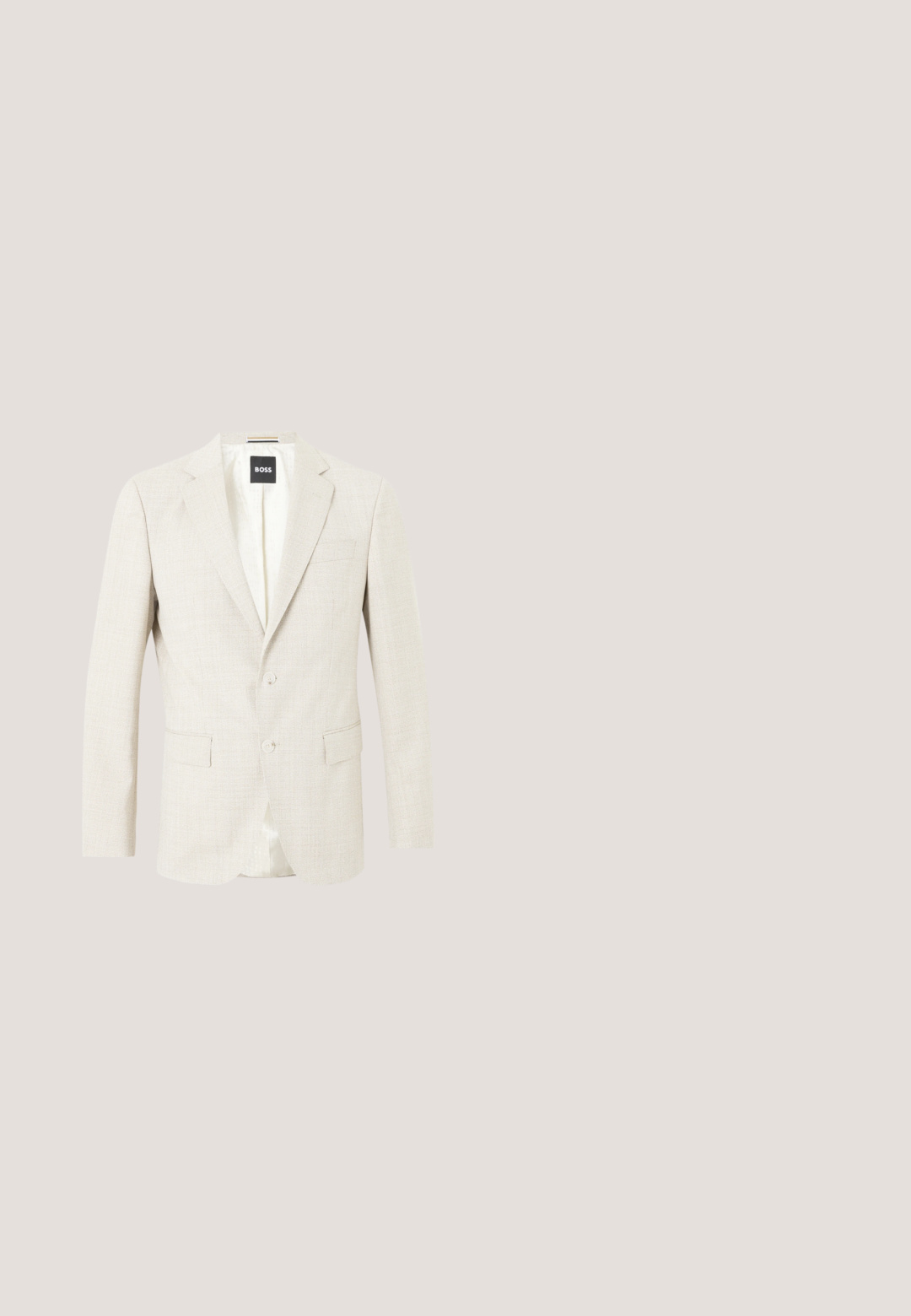 Blazer homme beige clair à deux boutons, col cranté, poches à rabat, avec étiquette BOSS à l'intérieur du col.; Polo noir avec un motif zigzag texturé, à manches courtes, et un col avec deux boutons. Fabriqué en tissu respirant.; Jean en denim bleu foncé avec une coupe droite, équipé d'une fermeture boutonnée et à zip, de cinq poches et de détails de couture visibles.; Chaussure en daim gris foncé à enfiler avec semelle blanche, flottant au-dessus d'un tapis beige, avec un mobilier translucide de couleur ambre en arrière-plan.; Lunettes de soleil à monture transparente avec des verres rectangulaires teintés bleus reposant sur une surface blanche.; Ceinture en tissu noir avec une boucle en métal argenté gravée d'un colibri, enroulée et posée sur un fond blanc.