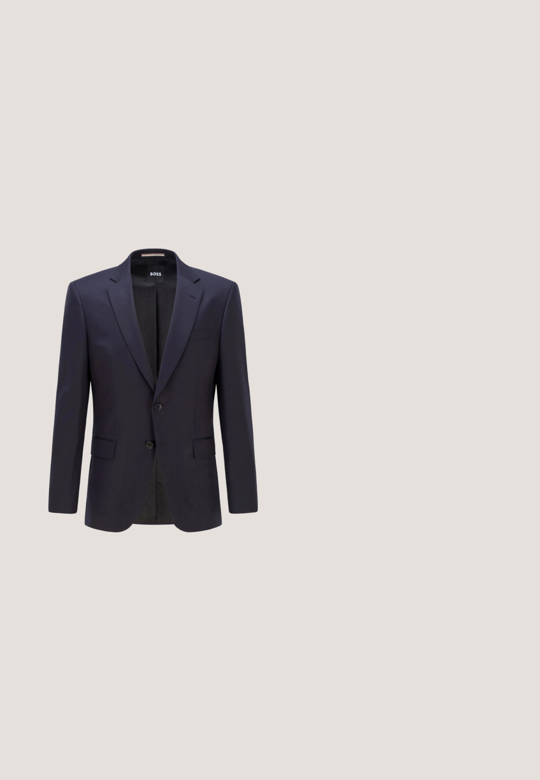 Marineblazer lavet af glat stof med to knapper, sidelommer og en spids lapel; har en mønstrede indvendig foring.; BOSS H-JOE-SPREAD - Skjorter - light blue; Marineblå formelle bukser med bæltestropper, forlommer og lige ben, præsenteret på en neutral baggrund.; Sort læder snøresko med lav hæl og diskret branding nær hælen på en ensartet lys baggrund.; Sort tekstureret lædermappe med to håndtag og en aftagelig skulderrem, med en sølvlynlås og metalbeslag.; Sort læderbælte rullet med mat sort metal spænde på hvid baggrund.