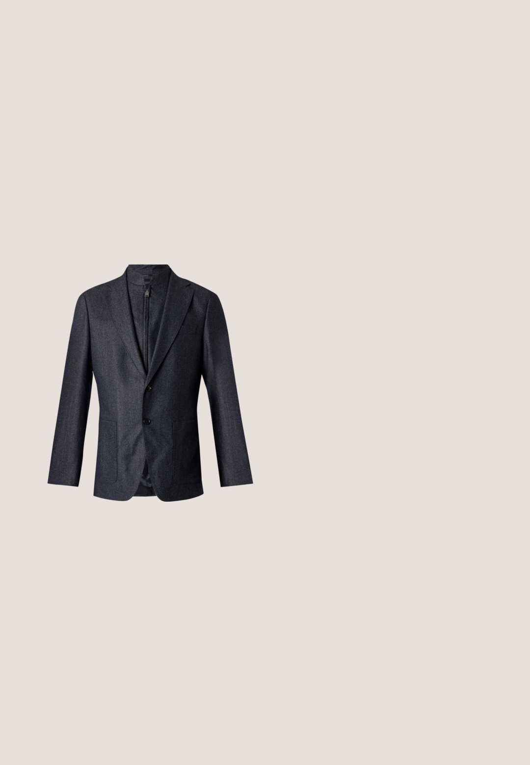 Blazer de hombre gris oscuro con dos botones, dos bolsillos delanteros y una capa interior con cremallera visible en el cuello y la zona del pecho.; Camisa negra de manga larga con cuello puntiagudo, botón único en la parte delantera y puños rectangulares. Fabricada en un tejido suave y ligero.; Pantalones a rayas grises con un ajuste entallado, frente plano y bolsillos laterales. Fabricados con una tela suave y un brillo sutil.; Mocasines de cuero negro con acabado texturizado, que cuentan con una correa decorativa en la parte delantera y punta redondeada. Suela de goma para mayor durabilidad.; Bolso para portátil de cuero negro con dos asas superiores, una correa de hombro desmontable, superficie texturizada y forma rectangular. Parche de logo estampado visible.; Cinturón de cuero negro con una hebilla rectangular plateada y un pequeño aro plateado adjunto, enrollado sobre un fondo blanco.