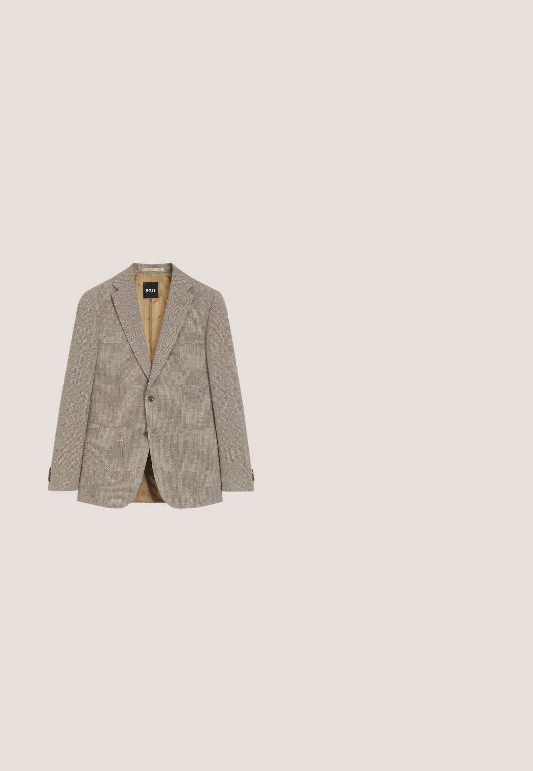 Beige tekstureret herreblazer med notch revers, to forlommer med lapper, knaplukning og beige inderforing med mærkeetiket.; Lyseblå langærmet skjorte med hvide lodrette striber og knaplukning foran, med klassisk krave og stribede manchetter.; Grå denim jeans med lige ben, der har en frontknap og lynlås lukning, fem lommer og subtil falming over det hele.; Brun ruskind espadrille med flettet jutesål og trækflig ved hælen, vist i sideprofil mod hvid baggrund.; Beige kompakt crossbody-taske med lynlåslomme foran, sort justerbar rem og sort firkantet logopatch med teksten "Karl Lagerfeld Jeans."; Beige fletbælte i stof med spænde i guldmetal og detaljer i ruskind, rullet sammen på en hvid baggrund.