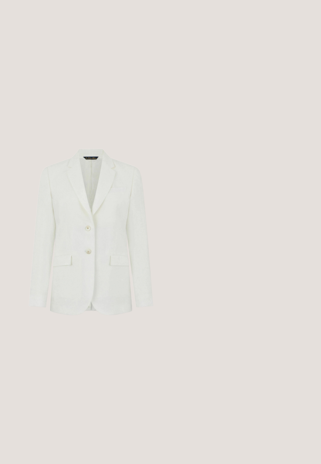 Witte damesblazer met inkeping rever, twee voorste knopen, klepzakken en een borstzak, weergegeven tegen een witte achtergrond.; Blauwe bloemen crop top met grote roze en beige bloemen, gestructureerd met een hartvormige halslijn en verstelbare spaghetti straps.; Witte linnen broek met een taillekoord, wijde pijpen en twee zijzakken. Gladde textuur met een lichte, luchtige uitstraling.; Witte espadrille sandaal met gevlochten hak, enkelriem met gouden gesp en "RL" logo op canvas teenkap, platte jutesoel.; Geweven stro tote tas met een basis in natuurlijke kleur, donkerbruine accenten en bruine leren handvatten met knoopdetails aan de uiteinden.; Lauren Ralph Lauren BASIC SMALL HOOP - Oorbellen - gold-coloured