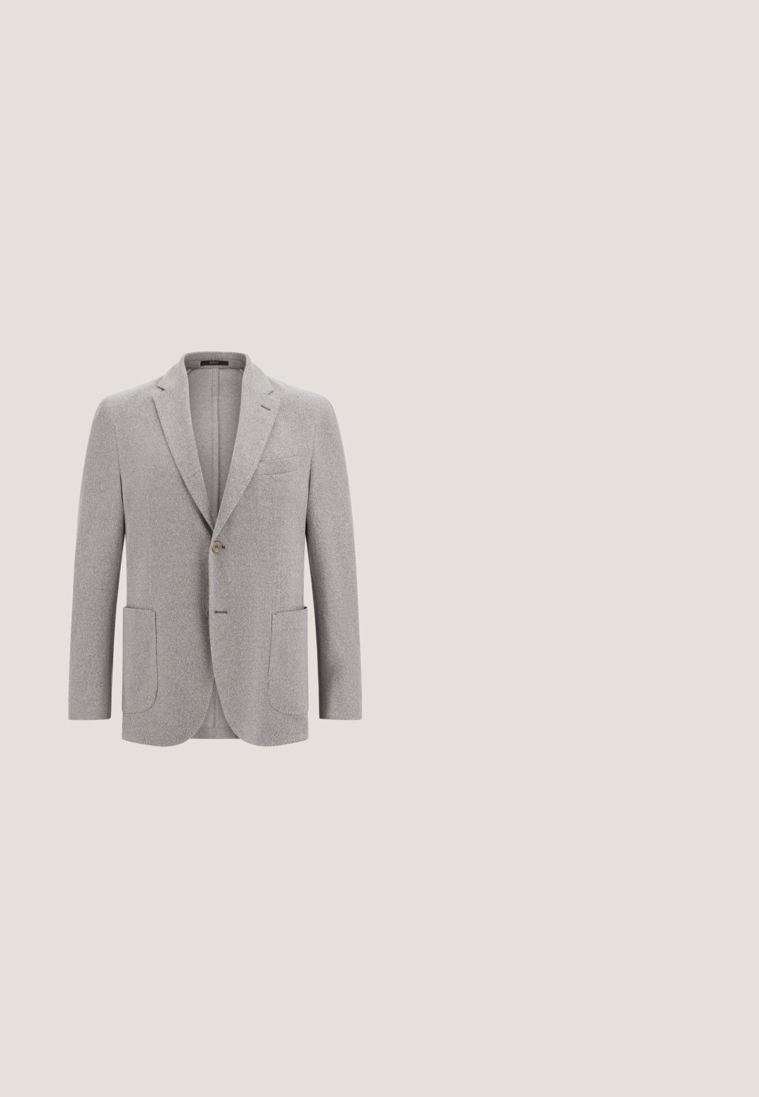 Blazer gris clair en tissu texturé, avec deux poches avant, une poche poitrine, des revers crantés et une fermeture à un bouton.; Chemise habillée pour homme à manches longues de couleur rose clair, avec col pointu, boutonnage à l'avant et poignets boutonnés, présentée sur un fond blanc.; Pantalon beige à jambe droite, fabriqué à partir d'un tissu léger. Comprend une fermeture éclair, un bouton de fermeture et des passants de ceinture standards.; Mocassin en suède gris avec un bout rond, des détails de couture minimaux et une semelle en caoutchouc crème. Texture lisse avec un design à profil bas.; Cravate rose clair avec un petit motif géométrique blanc, posée à plat avec l'étiquette de la marque visible à l'extrémité étroite.; Ceinture en daim gris clair avec une boucle rectangulaire en argent. Texture lisse avec des coutures le long des bords et une doublure en cuir.