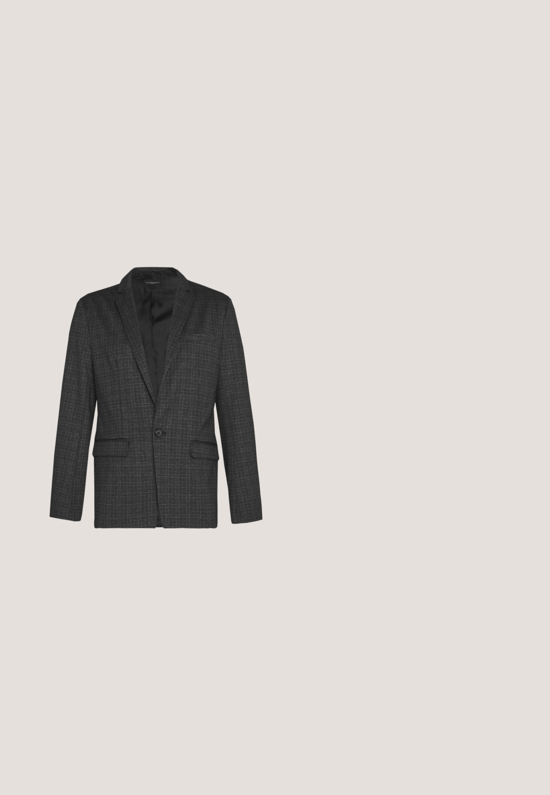 Brave Soul MJK ROCKBLAZE - Blazerjasje - dark grey; Zwarte blouse met lange mouwen, knoopsluiting, kraag, knoopmanchetten en een klein logo aan de linkerkant van de borst, tentoongesteld op een vlakke ondergrond.; Grijze broeken met een visgraatpatroon en een rechte pasvorm, voorzien van een knoopsluiting aan de voorkant en zakken aan de zijkanten. Gemaakt van een gestructureerde stof.; Zwarte lakleren herenschoen met gesloten veterkoord en lage gestapelde hak, getoond in profiel tegen een witte achtergrond.; Zwarte smalle stropdas met puntige tip op een effen witte achtergrond, verticaal gepresenteerd.; Zwarte leren riem met een zilveren rechthoekige gesp. De gesp heeft het 'Levi's' logo in reliëf op de voorkant. Gladde textuur.