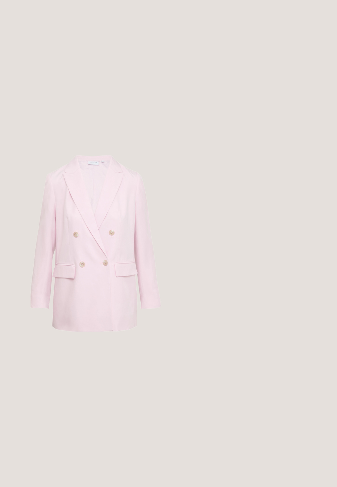 Blazer double boutonnage rose clair en tissu lisse. Doté de revers en pointue, de deux poches avant et de grands boutons ronds.; FALKE BASIC APPAREL - T-shirt basique - white; Pantalons gris ajustés avec plis à l'avant, fermeture à bouton, passants de ceinture et sangles ajustables au niveau des poignets, présentés sur fond blanc.; Baskets en cuir blanc avec une texture lisse, semelle en caoutchouc grise, sept œillets et un accent argenté sur le talon. Logo affiché sur le côté.; Sac à main beige texturé avec un motif géométrique marron, quincaillerie dorée et une bandoulière vert olive. Fermeture zippée et forme rectangulaire élancée.; Bracelet en ton or présentant des bandes entrelacées avec un motif texturé et côtelé, ainsi qu'une finition lisse. Comprend une petite pierre d'accent. Nom de la marque visible.