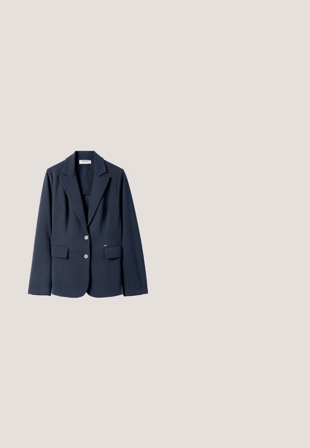 Camomilla Italia GISELLEI - Blazer - blue plain; Effen donker marineblauw T-shirt met korte mouwen en ronde hals, rechte zoom op een witte achtergrond.; Marineblauwe stretchstofbroeken met een elastische tailleband, zijzakken en een taps toelopend ontwerp. Glad textuur en nette naden.; Marineblauwe suède instapschoen met een lage witte zool, voorzien van een decoratief detail in zilverkleurige hardware aan de voorkant.; Mariene blauwe zonnenbril met een slank cat-eye ontwerp, plastic montuur en bruin getinte lenzen. Bevat subtiele branding op het veertje.; Zwart gestructureerde leren shopper met dubbele hengsels, zilveren ritssluiting en een ronde zilveren logohanger die aan de voorste band hangt.