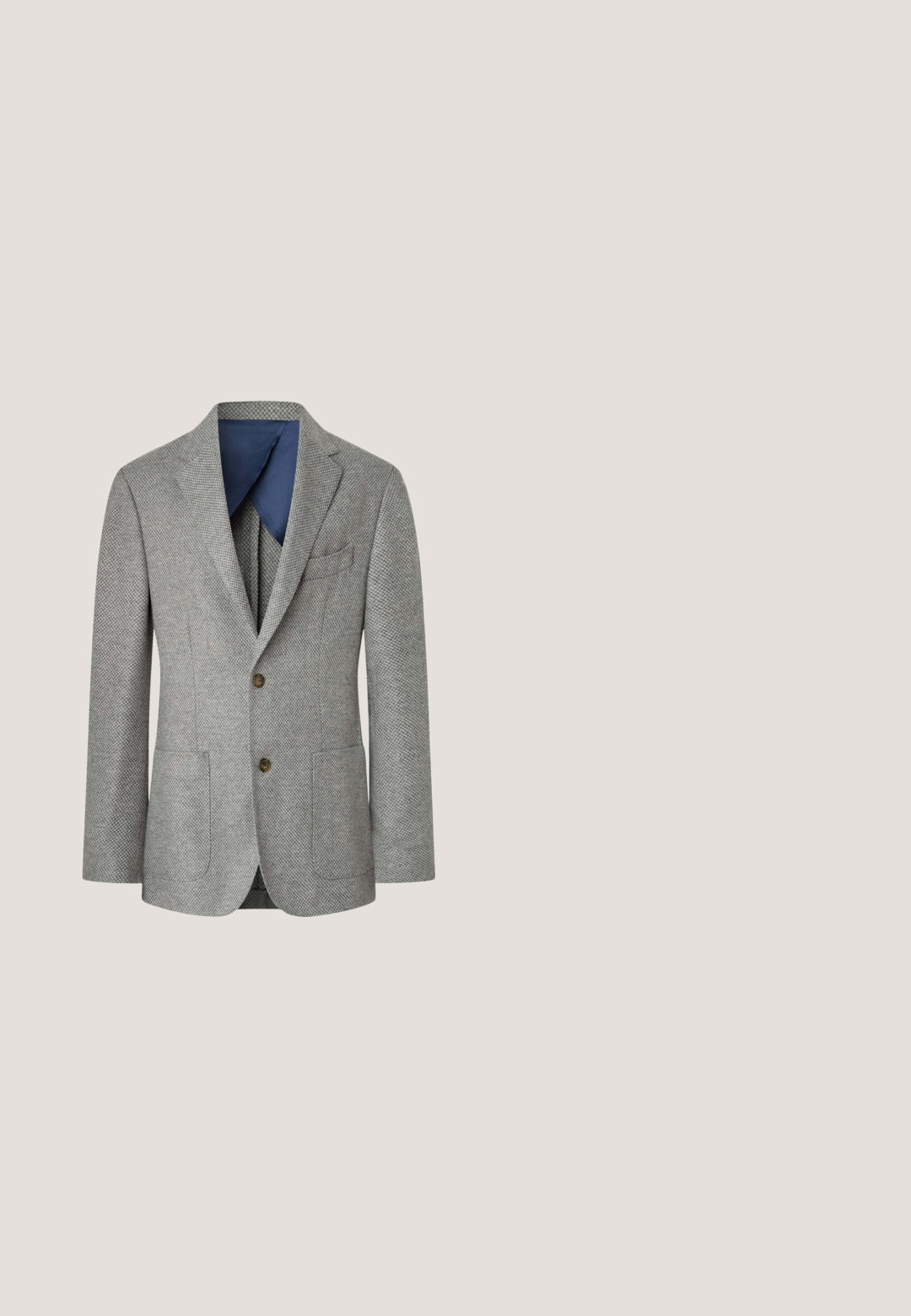 Façonnable BIRDEYE WEAVE - Blazerjasje - light grey marl; Grijze longsleeve shirt van een gladde stof, met een knoopsluiting aan de voorkant en een klassieke kraag met subtiele textuurdetails.; Grijze stretchbroek met een smal gesneden fit, voorzien van een elastische tailleband en trekkoord voor verstelbaar comfort. Glad textuur, minimalistisch ontwerp.; Zwarte leren herenschoen met veters, lage hak en ronde neus, zijlogo in reliëf, gladde afwerking, in profiel getoond tegen een witte achtergrond.; Grijze geweven stropdas met een gestructureerd patroon, voorzien van een puntige punt en een opgerold ontwerp, met een gladde afwerking en subtiele glans.; Zwarte leren riem opgerold met zilverkleurige rechthoekige metalen gesp en gegraveerde merknaam op de lus.