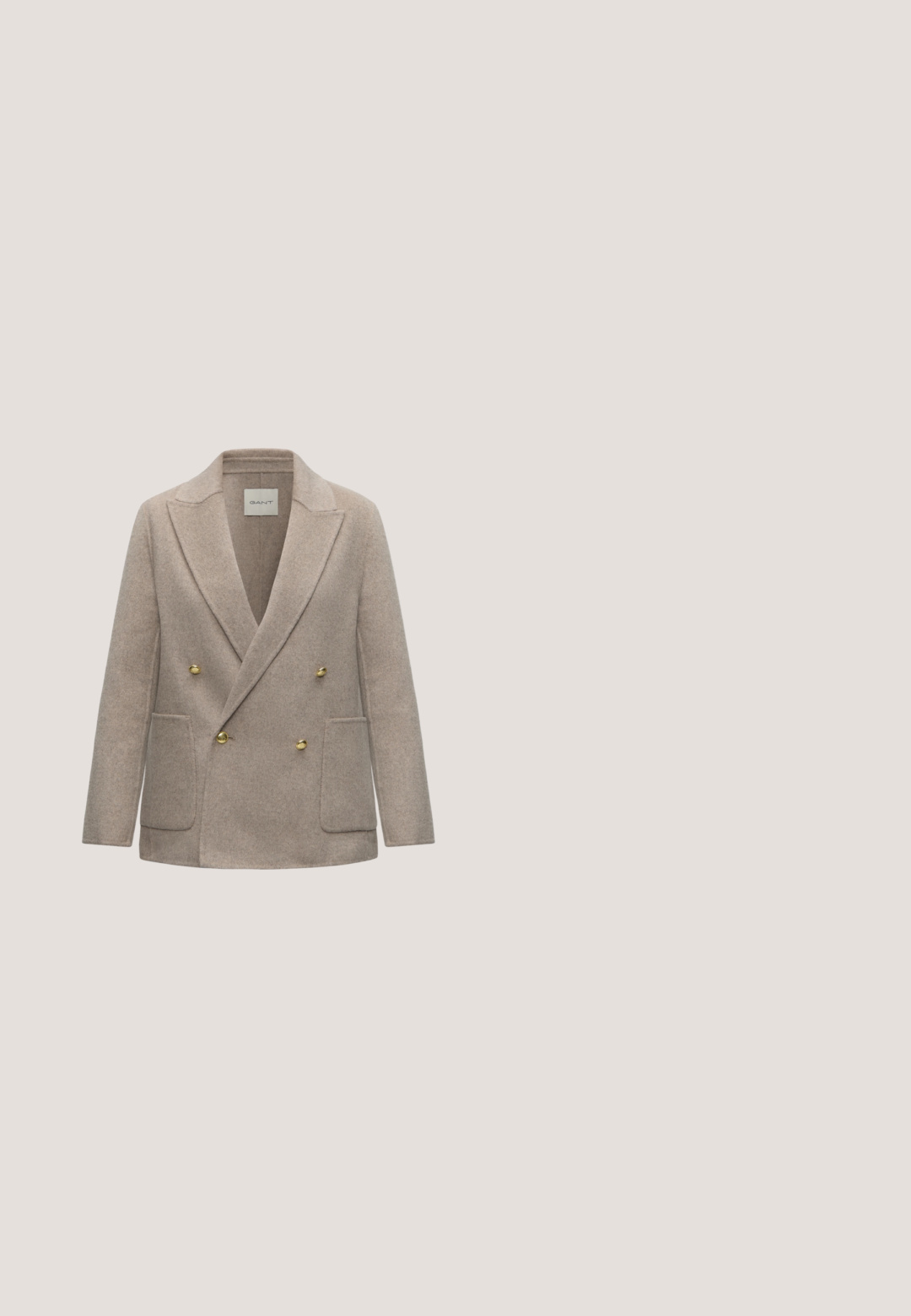 Beige dubbelgeknoopte wollen blazer met gouden knopen, brede revers en twee opgestikte voorzakken, afgebeeld tegen een effen achtergrond.; Donkerpaars nauwsluitend topje met korte mouwen, asymmetrische halslijn en een decoratieve gouden ovale gesp op de linker schouder.; Wollen mix kokerrok met een bruin en grijs ruitpatroon, gestructureerd ontwerp en een nette afwerking aan de rand.; Bruine leren loafer met hoge hak, grove zwarte zool en goudkleurige decoratieve gesp op een effen witte achtergrond.; Donkerbruine leren handtas met bovenhandgreep, verstelbare schouderriem en gouden RL-logo op de voorflap.; Set van goudkleurige oorbellen met witte emaille bloemen met vijf bloemblaadjes en drie kleine transparante strass-steentjes in het midden, vergezeld van goudkleurige oorstekers in bloemvorm.