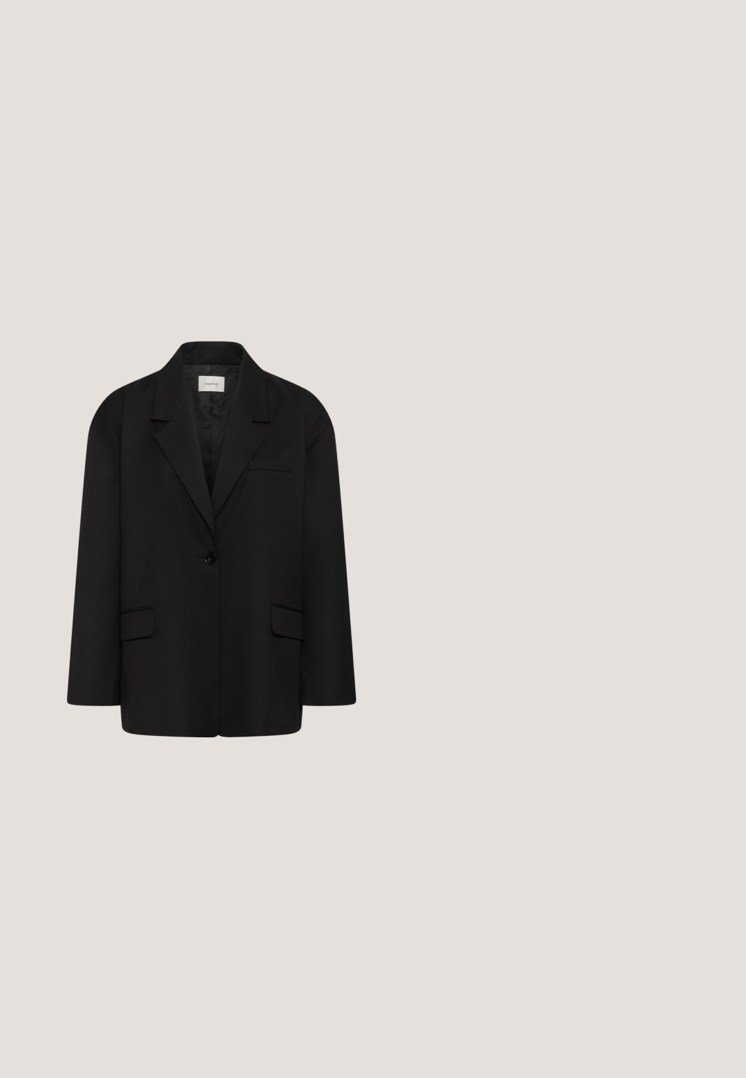 Blazer noir à un bouton avec revers crantés, deux poches avant à rabat et une poche poitrine passepoilée, présenté sur un fond blanc.; Chemise blanche à manches courtes avec boutons, col, ourlet droit et coupe ample sur un fond clair uni.; Pantalon noir taille haute à jambes larges avec des plis à l'avant, une fermeture par bouton à la taille et une finition en tissu lisse.; Mocassins en cuir noir avec une semelle épaisse et texturée, dotés d'une sangle sur le vamp et d'une finition lisse et polie.; Sac bandoulière en cuir texturé noir avec bandoulière réglable et fermeture zippée sur le dessus, forme rectangulaire, logo visible à l'avant.; Collier en métal argenté avec un design de chaîne fine et délicate. La chaîne a une texture lisse et possède un fermoir sécurisé à l'arrière.