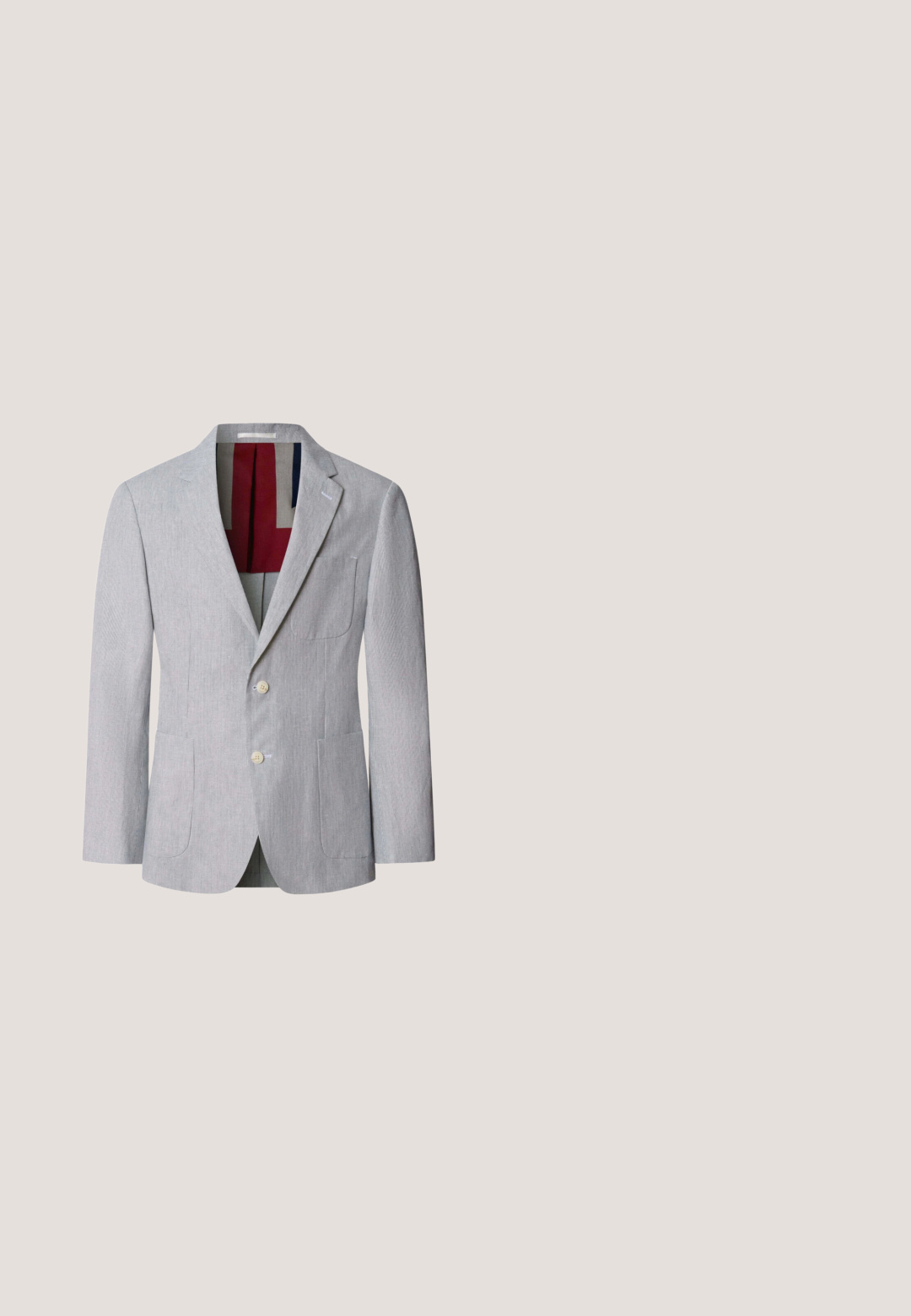 Blazer para hombre de color gris claro con solapas con muesca, dos botones frontales, bolsillos parche y forro interior a bloques de color en rojo, beige y azul marino.; Camisa de vestir para hombre en azul claro con mangas largas, cierre de botones en la parte delantera, cuello puntiagudo y sutiles rayas verticales.; Pantalones grises con patrón, hechos de una tela de textura suave. Cuentan con un cierre de botón y un diseño de pierna ajustada.; Zapatos slip-on de ante azul claro con suela de goma. Presentan una puntera cosida y un acabado texturizado. Marca en el lateral. Perfil plano.; Bolso bandolera rectangular de cuero gris con logo plateado, cierre de cremallera y correa negra ancha ajustable sobre fondo blanco.; Cinturón de ante gris con una textura suave, que cuenta con una hebilla en tono plateado pulido y un lazo de sujeción a juego. El diseño incluye un extremo redondeado.