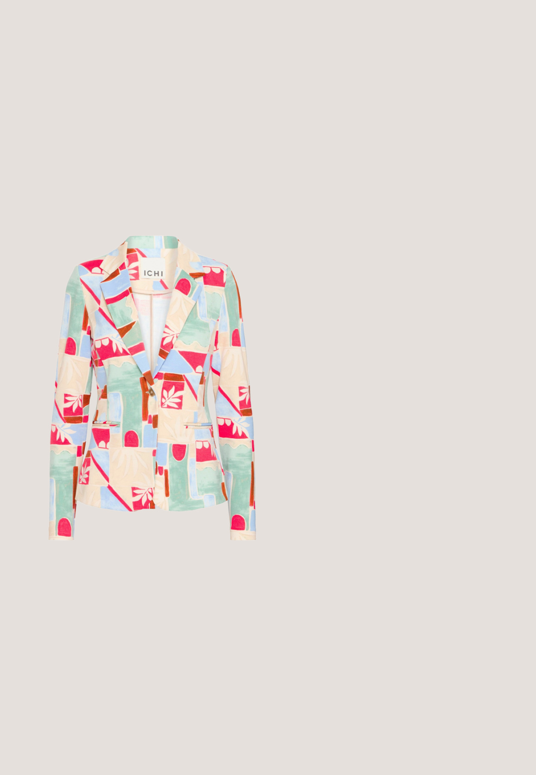 Patroon blazer in pastelkleuren; beschikt over geometrische en bloemige ontwerpen, een geknipt kraag, twee voorzakken en een enkele knoopsluiting.; Bruine, gebreide trui met een hoge kraag en een losse pasvorm. Bevat lange mouwen en een zachte, textuurrijke stof.; Zwarte midi-rok van zachte stof, met een gedrapeerd ontwerp, centrale knoopdetail en een voorste split voor extra beweging.; Paarse hoge hakken laars met een bloemenpatroon en kantafwerking, van fluwelen materiaal en metallic accenten. Heeft een vetersluiting aan de voorkant en een textuurontwerp.; Kleurrijk geweven textiel met grote overlappende letters "B", "M", "Y", "O", "L" en "A" in verschillende gestreepte patronen en kleuren.; Bruine leren totebag met een geometrisch ontwerp, twee handvatten en een afneembaar ritsvakje met een logo-accent.