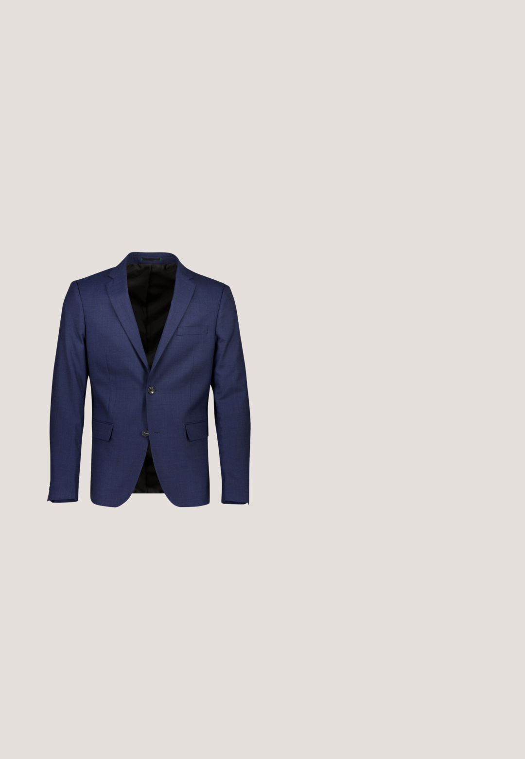 Marineblå skræddersyet blazer med slå-krave, to knapper, to frontlommer og en glat indvendig foring. Struktureret stof.; Herreskjorte med lange ærmer, lyseblå og hvide striber, knaplukning foran, klassisk krave, bomuldsstof, glat tekstur, buet kant.; Marineblå skræddersyede bukser med bæltestropper, knaplukning foran og lige ben.; Scarosso FIRENZE COGNAC - Business loafers - black calf; Marineblå slips med et firkantet mønster i hvidt. Lavet af glat stof, med en spids ende og et slankt design.; Brun læderbælte med en sølvmetalknap, glat struktur og et klassisk design med stikning i kanten.