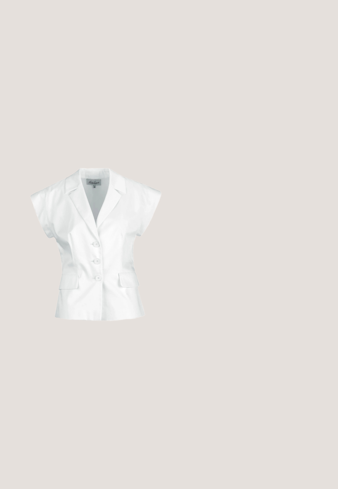 Blazer blanco sin mangas con cuello con muesca, tres botones frontales y dos bolsillos con tapeta, talla pequeña.; Vestido negro sin mangas con detalles recogidos en el costado, con un dobladillo asimétrico que cae elegantemente. Textura de tela suave.; Zuecos de cuero negro con diseño de punta puntiaguda, que cuentan con un pequeño tacón y un acento decorativo de hebilla en el lateral. Textura suave.; Gafas de sol negras de gran tamaño con lentes oscuros sólidos, montura geométrica plana, con acento en tono dorado en la varilla y brazos negros elegantes.; Bolso de hombro de cuero negro con un diseño de solapa, correa ajustable y un acento de logo dorado en el centro frontal. Textura suave en toda su superficie.; Anillo ajustable de tono dorado con un acabado liso y pulido. Presenta dos bandas curvas, una de ellas con un adorno en forma de estrella. Diseño elegante y moderno.