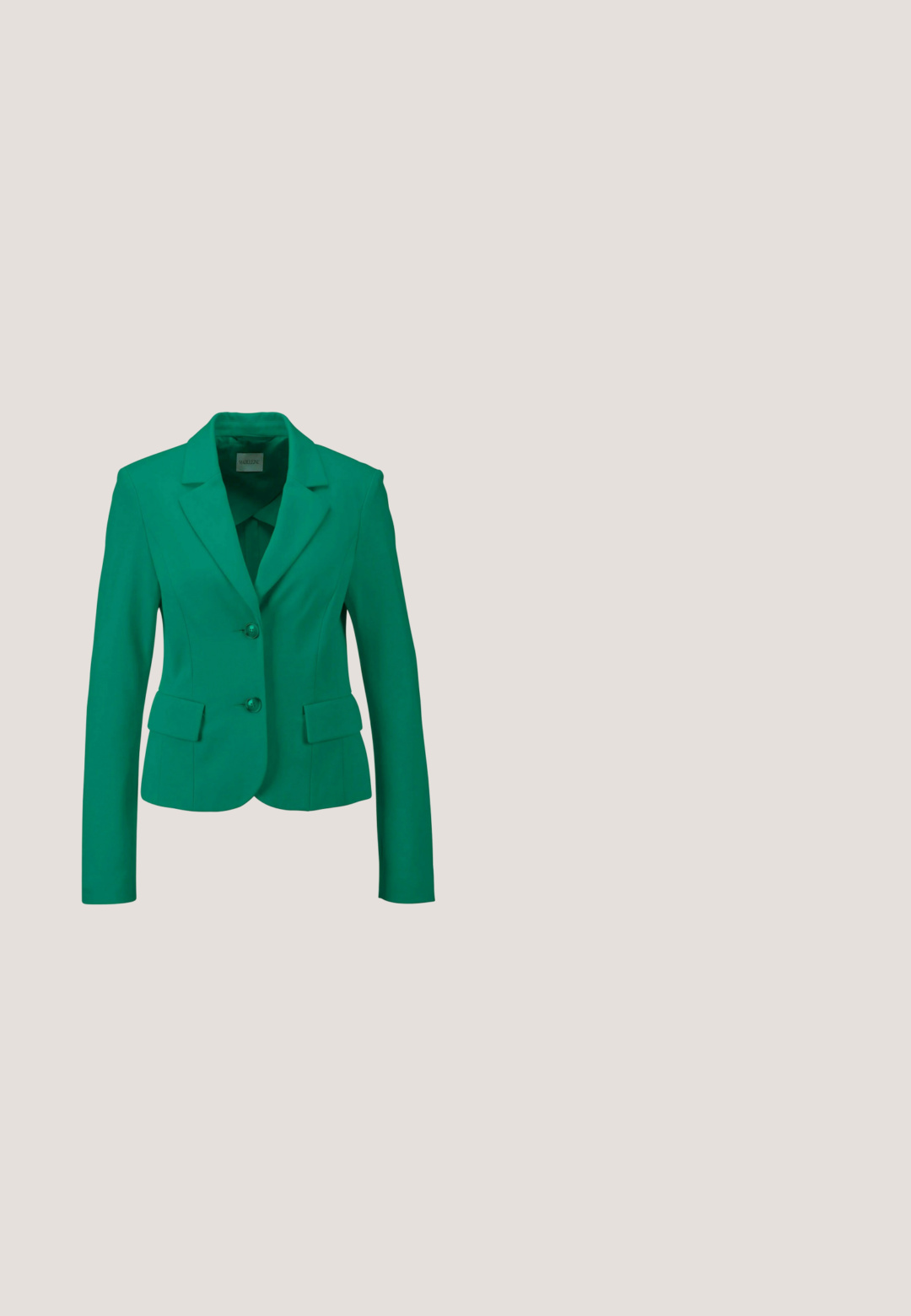 Groene tailored damesblazer met twee knopen, ingesneden revers, lange mouwen en klepzakken op een lichte achtergrond.; Groene geribde tanktop met dunne banden, nauwsluitend ontwerp en een gladde textuur. Geen patronen of hardware zichtbaar.; Felle groene, uitlopende broeken van een gladde stof, met een vlakke voorkant en zonder zichtbare zakken. Schoon, minimalistisch ontwerp.; Groene leren hoge hak sandaal met een vierkante neus, geknoopte voorkant en een enkelbandje. Vierkante blokhak met contrasterende accenten.; Heldere groene rechthoekige leren handtas met een gevlochten korte handvat, afneembare brede schouderriem en goudkleurige sluitingen.; Groene acrylaat haakjes in een achtzijdige vorm met facetteerde randen, voorzien van een metalen sluiting voor bevestiging.