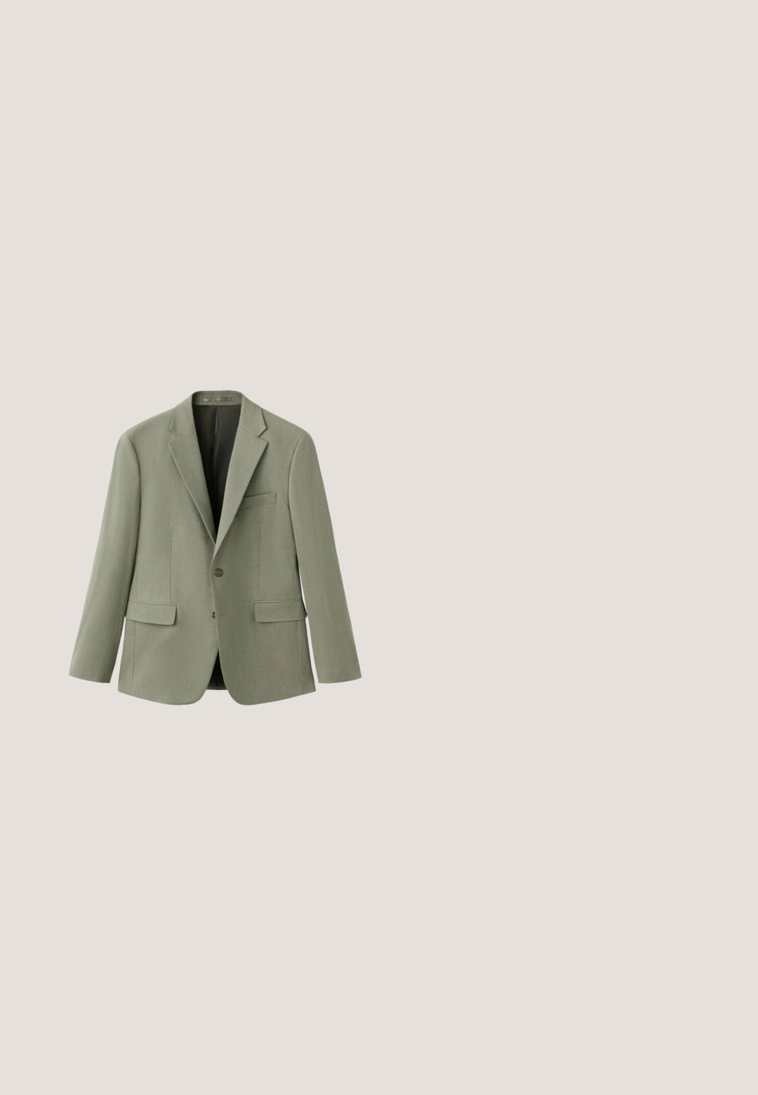 Blazer vert clair simple boutonnage avec revers crantés, deux poches à rabat sur le devant, une poche poitrine et deux boutons devant.; Chemise pour hommes à manches longues avec boutons, de couleur vert olive clair, dotée d'une poche poitrine et d'un col à boutons, fabriquée en tissu velours côtelé.; Pantalon habillé vert olive clair avec passants de ceinture, un seul bouton à la taille, plis à l'avant et poches latérales, présenté sur fond blanc.; Mocassin loafer en daim marron clair avec des détails cousus, un nœud sur le dessus, une semelle en caoutchouc antidérapante et un petit logo sur le côté du talon.; Sac bandoulière vert foncé texturé avec poche zippée devant, sangle ajustable, logo en métal et étiquette de marque rectangulaire attachée.; Ceinture tressée en tissu vert foncé avec boucle métallique argentée et boucle en cuir vert assortie ainsi qu'une languette, présentée enroulée sur fond blanc.