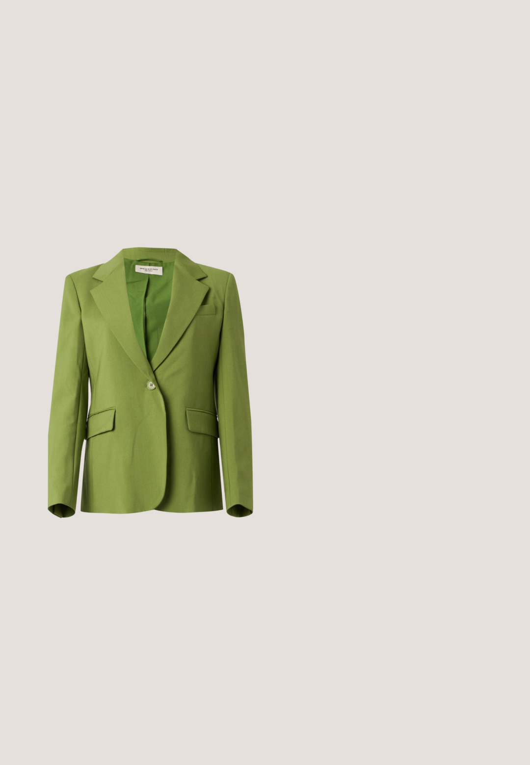 Groene enkeknoopblazer met ingesneden revers, twee klepzakken en een borstpaspelzak, afgebeeld tegen een effen achtergrond.; Mouwloos lichtgroen hemdje met ronde halslijn, gladde stof en subtiel logodetail aan de onderzoom.; Groene maxirok met een smocktailleband. Heeft een gelaagd ontwerp met bloemenprints en verschillende tinten groen.; Groene hoge hak met een spitse neus, glanzende afwerking en een goudkleurige en parelversiering aan de voorkant.; Groene handtas met trekkoord en twee handvatten, versierd met geborduurde blauwe en groene abstracte vormen, tegen een effen witte achtergrond.; Groene acrylaat haakjes in een achtzijdige vorm met facetteerde randen, voorzien van een metalen sluiting voor bevestiging.