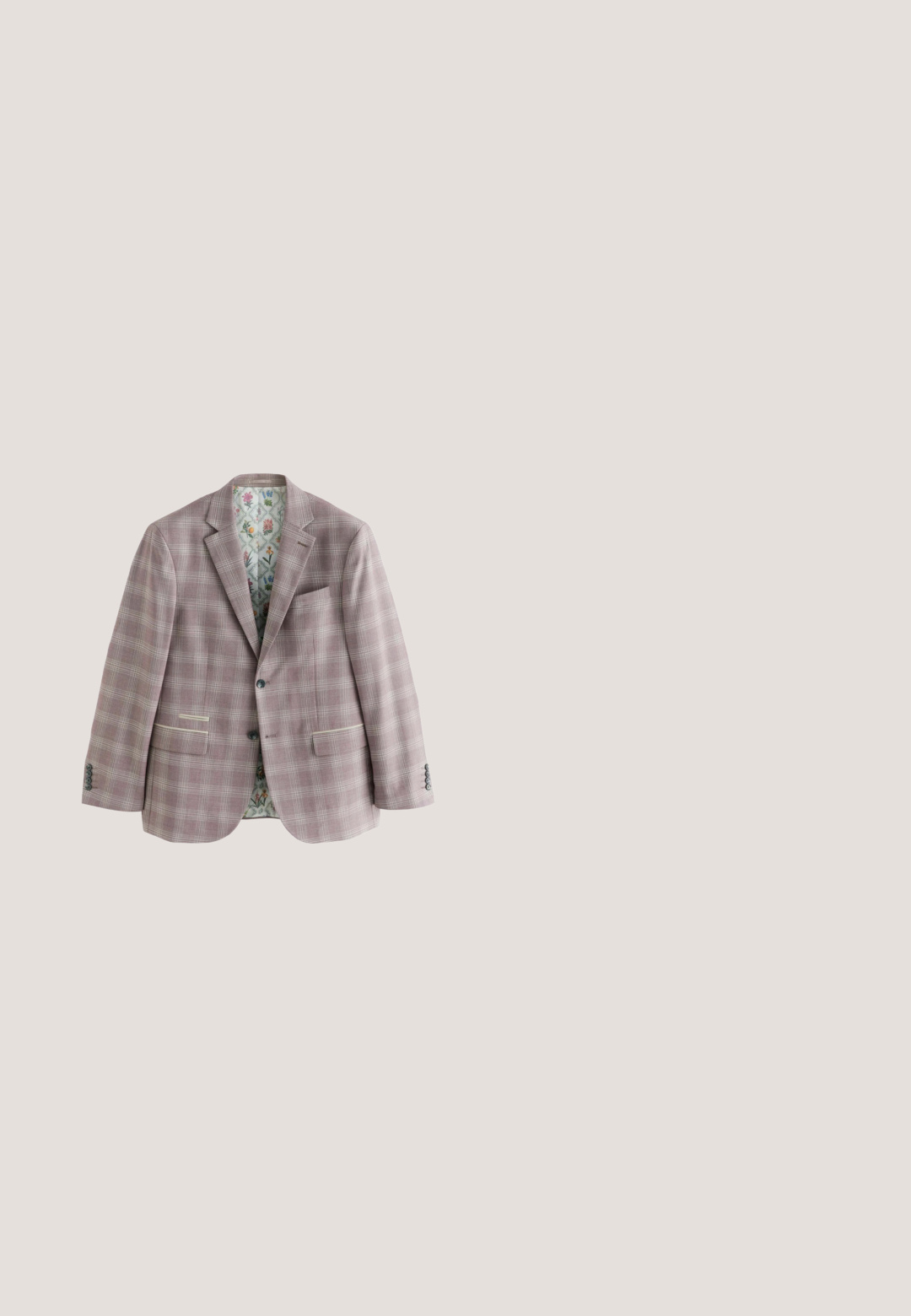 Lyserød rutet blazer med blomstertryk indvendigt, to forlommer og tre-knaps ærmer. Fremstillet af tekstureret stof.; Mørkegrøn, langærmet skjorte lavet af tekstureret stof, med et subtilt bladmønster og en knaplukning fortil med grå knapper.; Next REGULAR FIT DONEGAL  - Chino - green; Sorte læder ankelstøvler med rund tå, sidespænde detaljer og en løkkerings på hælen. Flad sål med en subtil glansfinish.; Solsorte solbriller med sorte plastikrammer, rektangulære linser og slanke arme. Linserne er mørk grå og har minimal branding på siden.; Sort læder bæltetaske med to frontlynlåse, glat tekstur, buet form og justerbar rem. Diskrete messingdetaljer forbedrer designet.